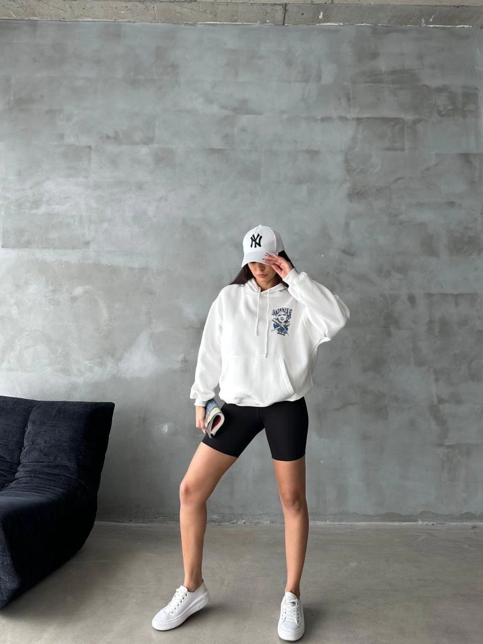 3 iplik şardonlu oversize compact kafa baskılı sweat beyaz
