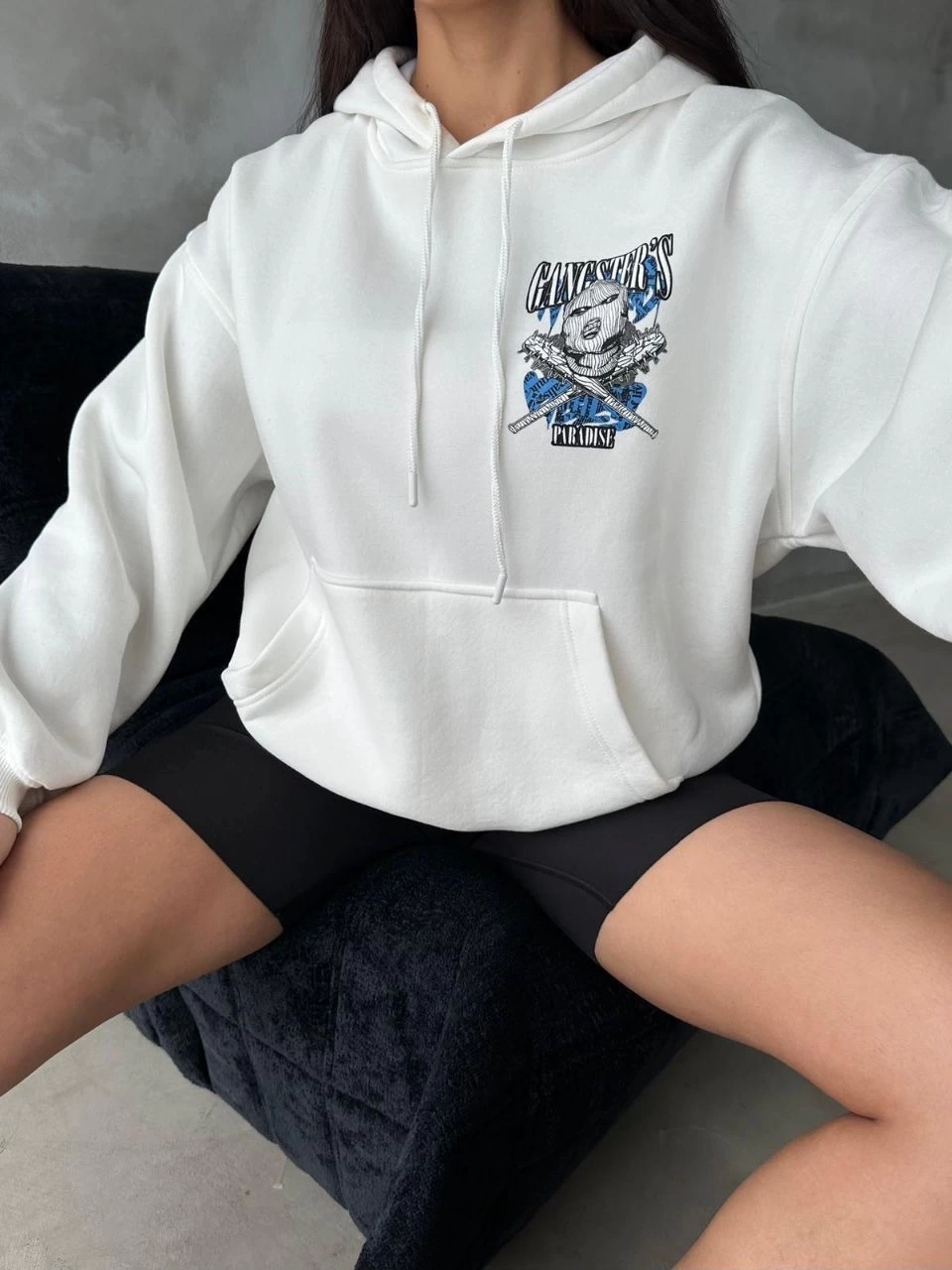 3 iplik şardonlu oversize compact kafa baskılı sweat beyaz