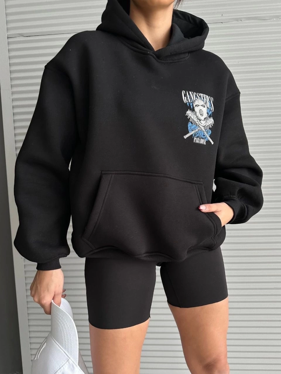 3 iplik şardonlu oversize compact kafa baskılı sweat siyah