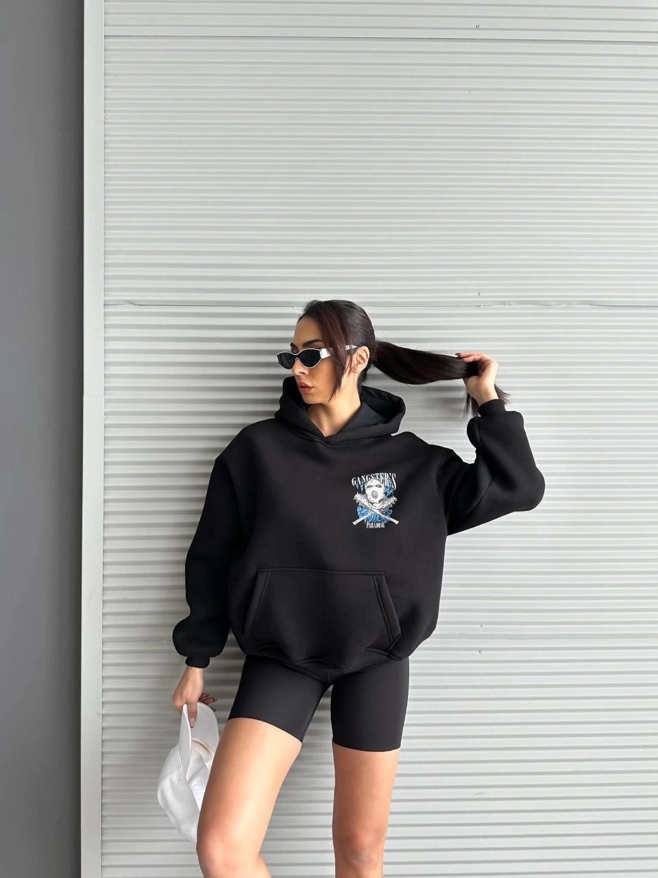 3 iplik şardonlu oversize compact kafa baskılı sweat siyah