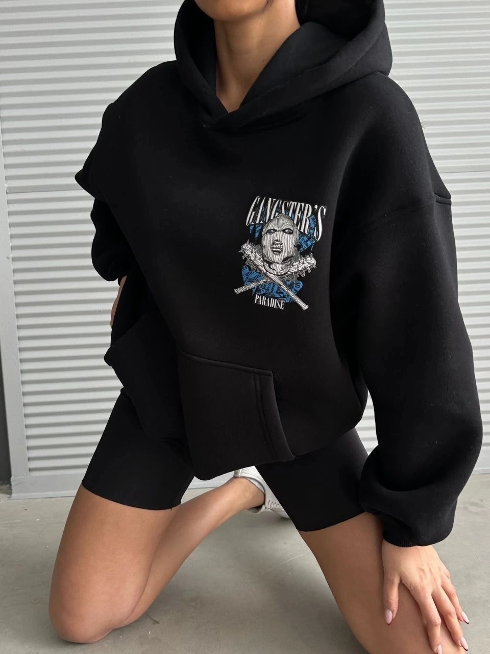 3 iplik şardonlu oversize compact kafa baskılı sweat siyah