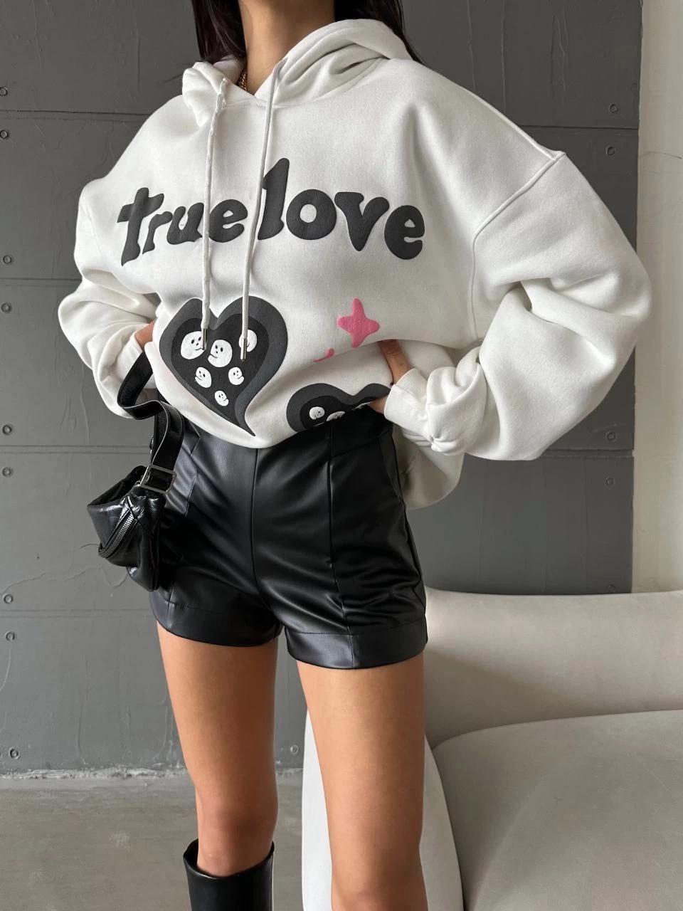 3 iplik şardonlu oversize compact true baskılı sweat Beyaz