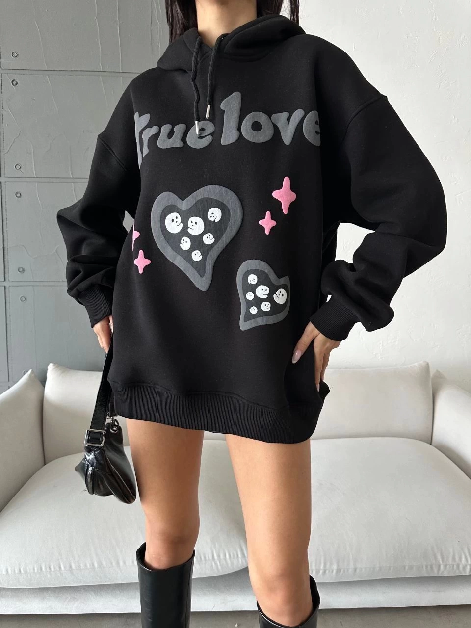 3 iplik şardonlu oversize compact true baskılı sweat siyah