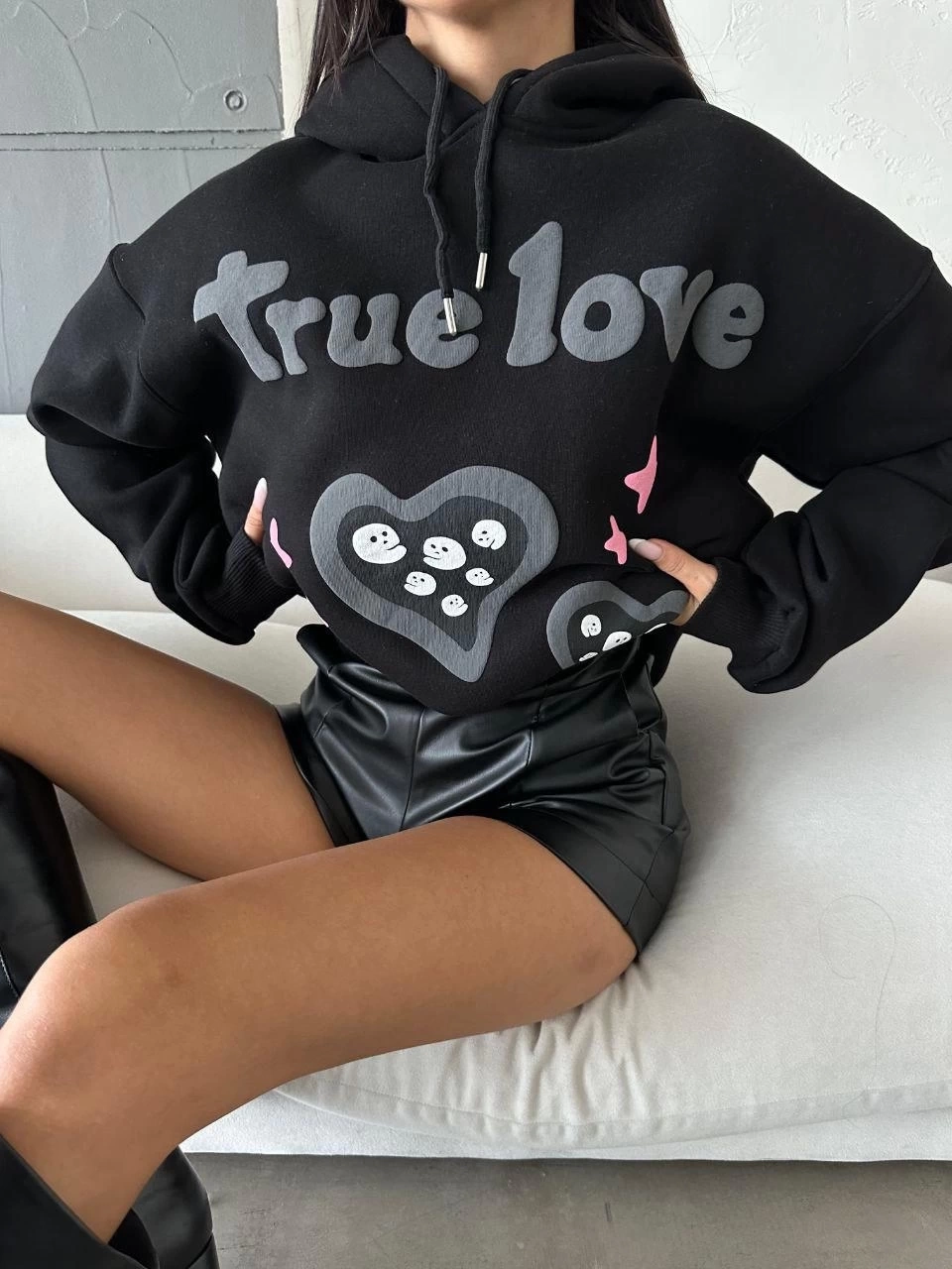 3 iplik şardonlu oversize compact true baskılı sweat siyah