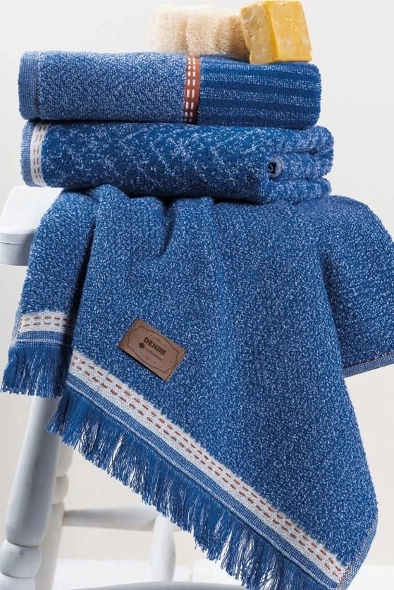3lü Jakarlı Havlu Seti Denim Mavi 50x90 8680108067345
