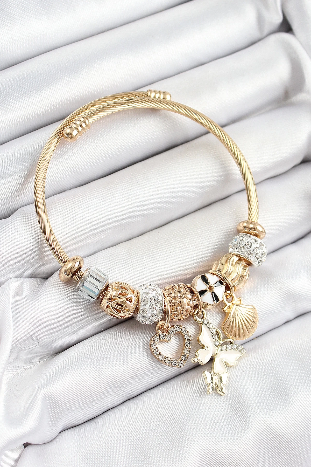 316L Çelik Beyaz Zirkon Taşlı Kalp Kelebek Ve İstiridye Model Gold Renk Charm Bileklik