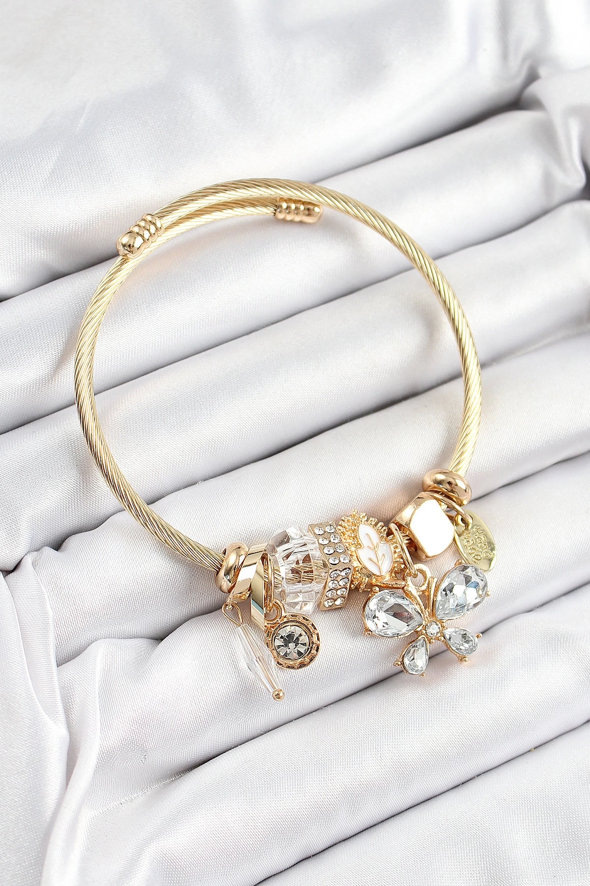 316L Çelik Beyaz Zirkon Taşlı Kelebek Model Gold Renk Charm Bileklik