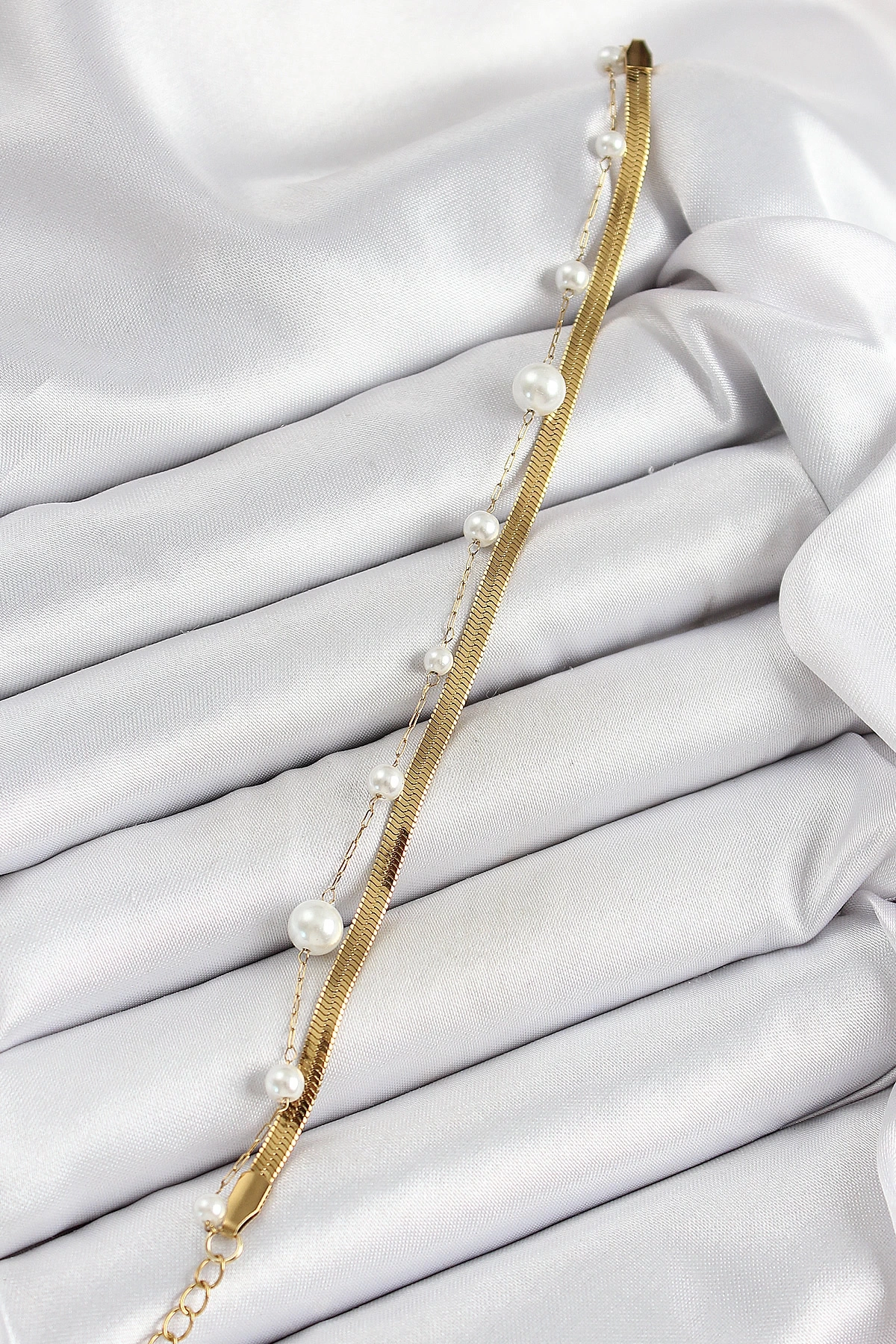 316L Çelik Gold Renk İncili ve İtalyan Zincirli Kadın Bileklik