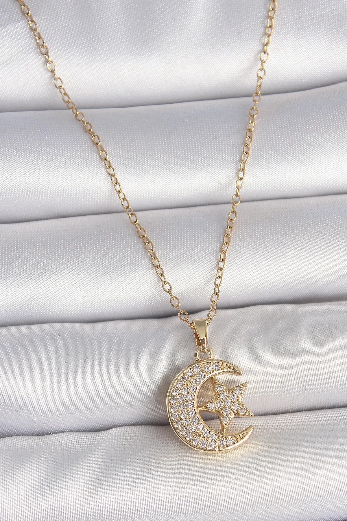 316L Çelik Gold Renk Zincir Zirkon Taşlı Ay Yıldız Model Kadın Kolye