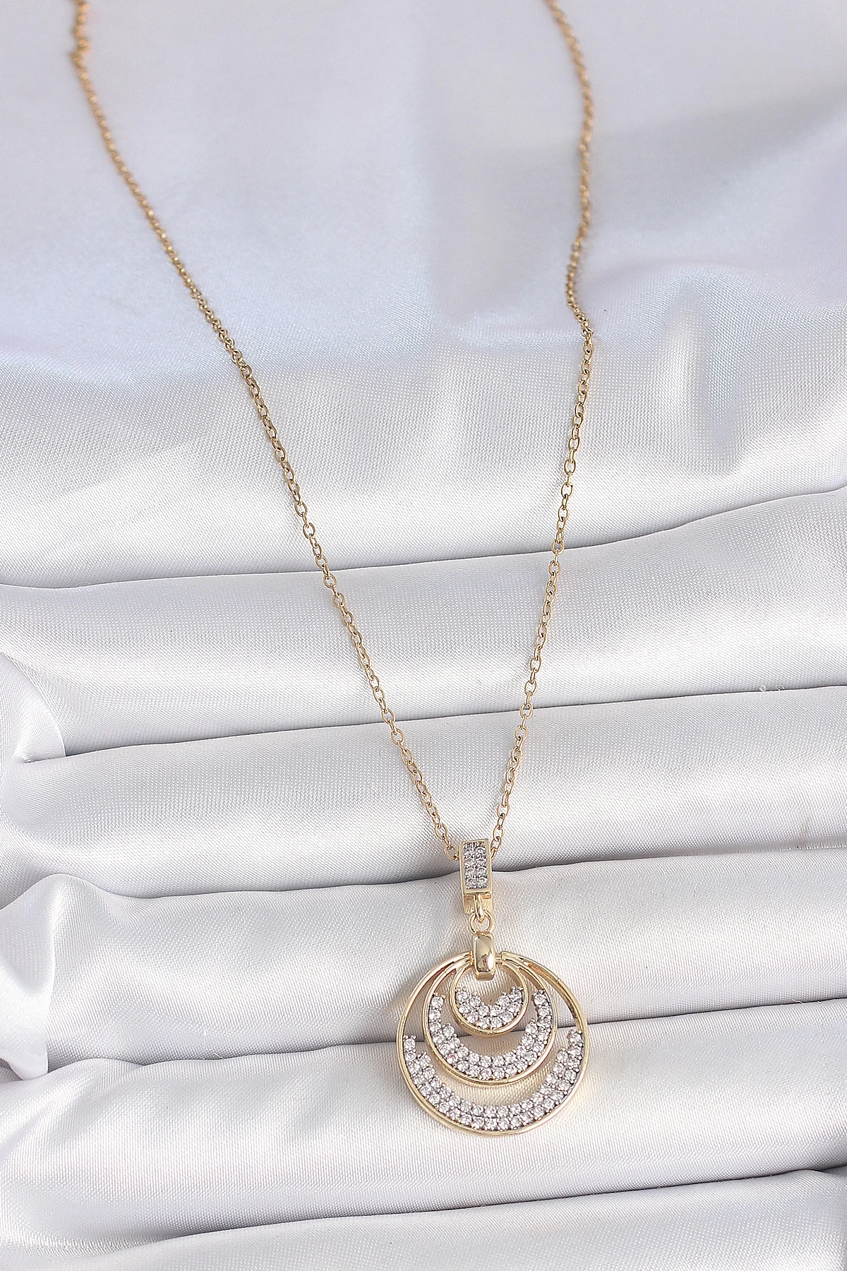 316L Çelik Gold Renk Zirkon Taşlı Madalyon Model Kadın Kolye