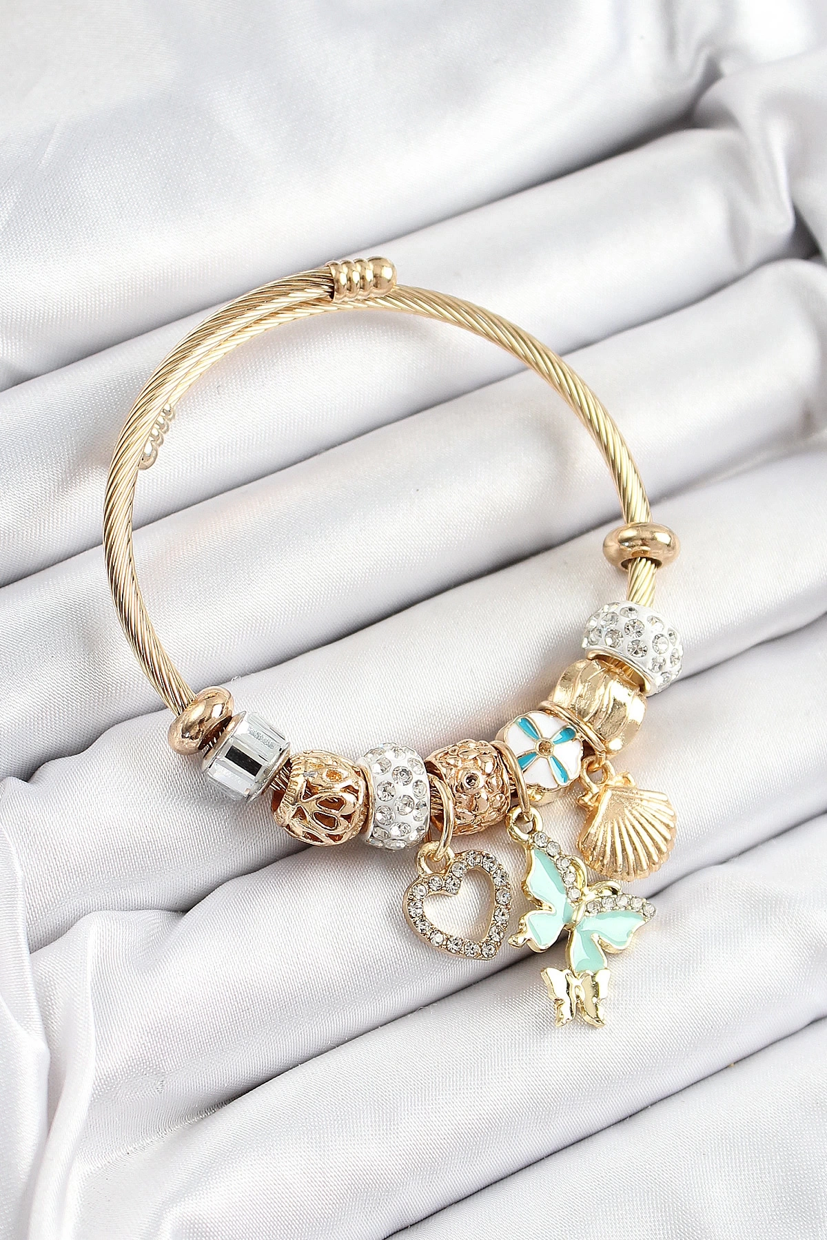 316L Çelik Mavi Zirkon Taşlı Kalp Kelebek Ve İstiridye Model Gold Renk Charm Bileklik
