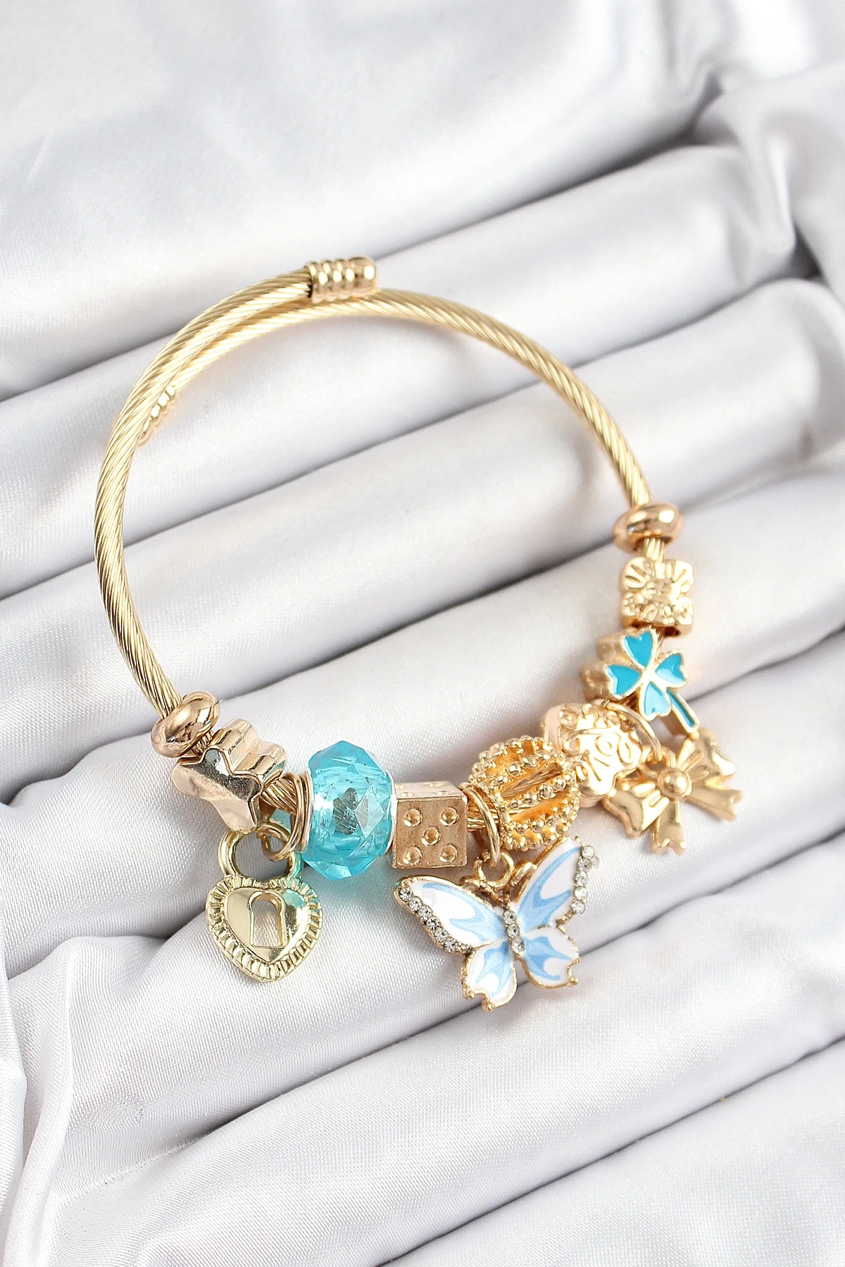 316L Çelik Mavi Zirkon Taşlı Kelebek Fiyonk Ve Kilit Model Gold Renk Charm Bileklik