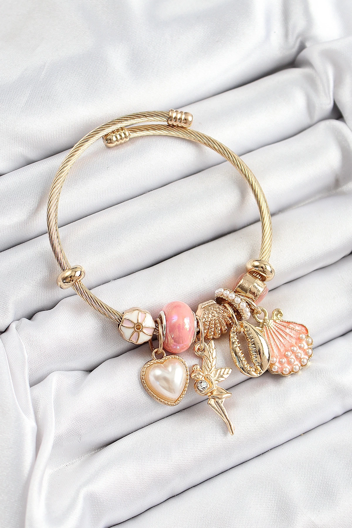 316L Çelik Pembe Zirkon Taşlı Yıldız Melek İstiridye Ve Kalp Model Gold Renk Charm Bileklik