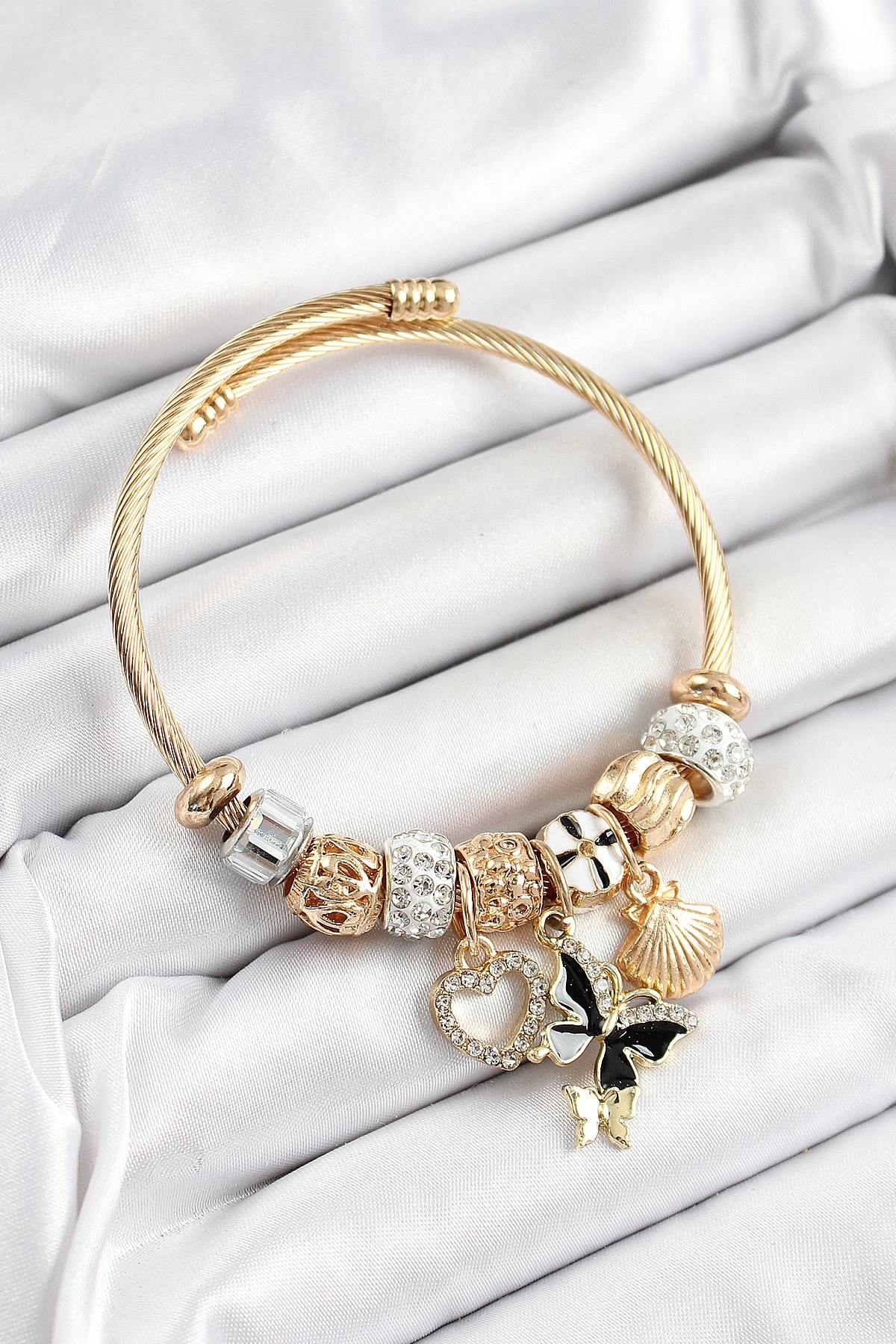 316L Çelik Siyah Zirkon Taşlı Kalp Kelebek Ve İstiridye Model Gold Renk Charm Bileklik