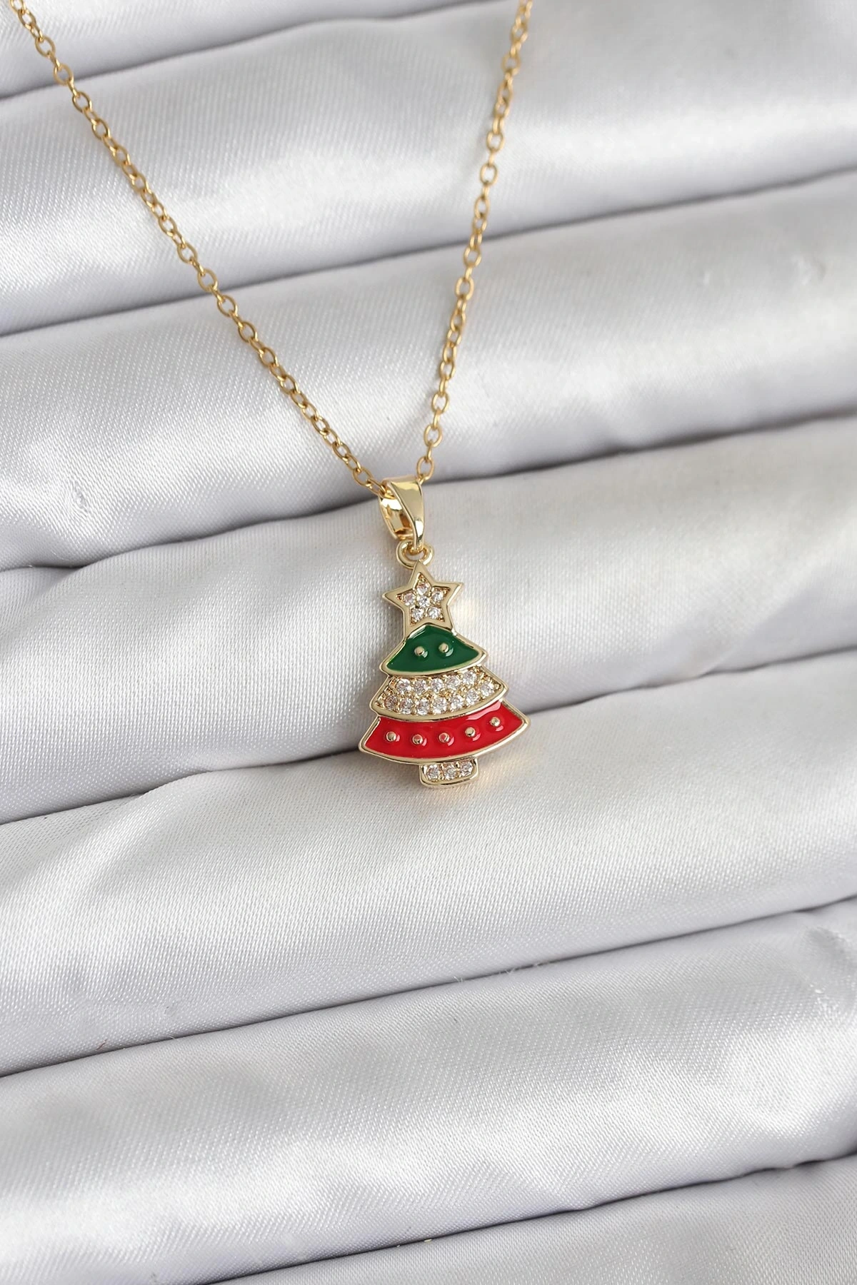 316L Çelik Zincir Gold Ren Çam Ağacı Model Zirkon Taşlı Yılbaşı Temalı Kadın Kolye