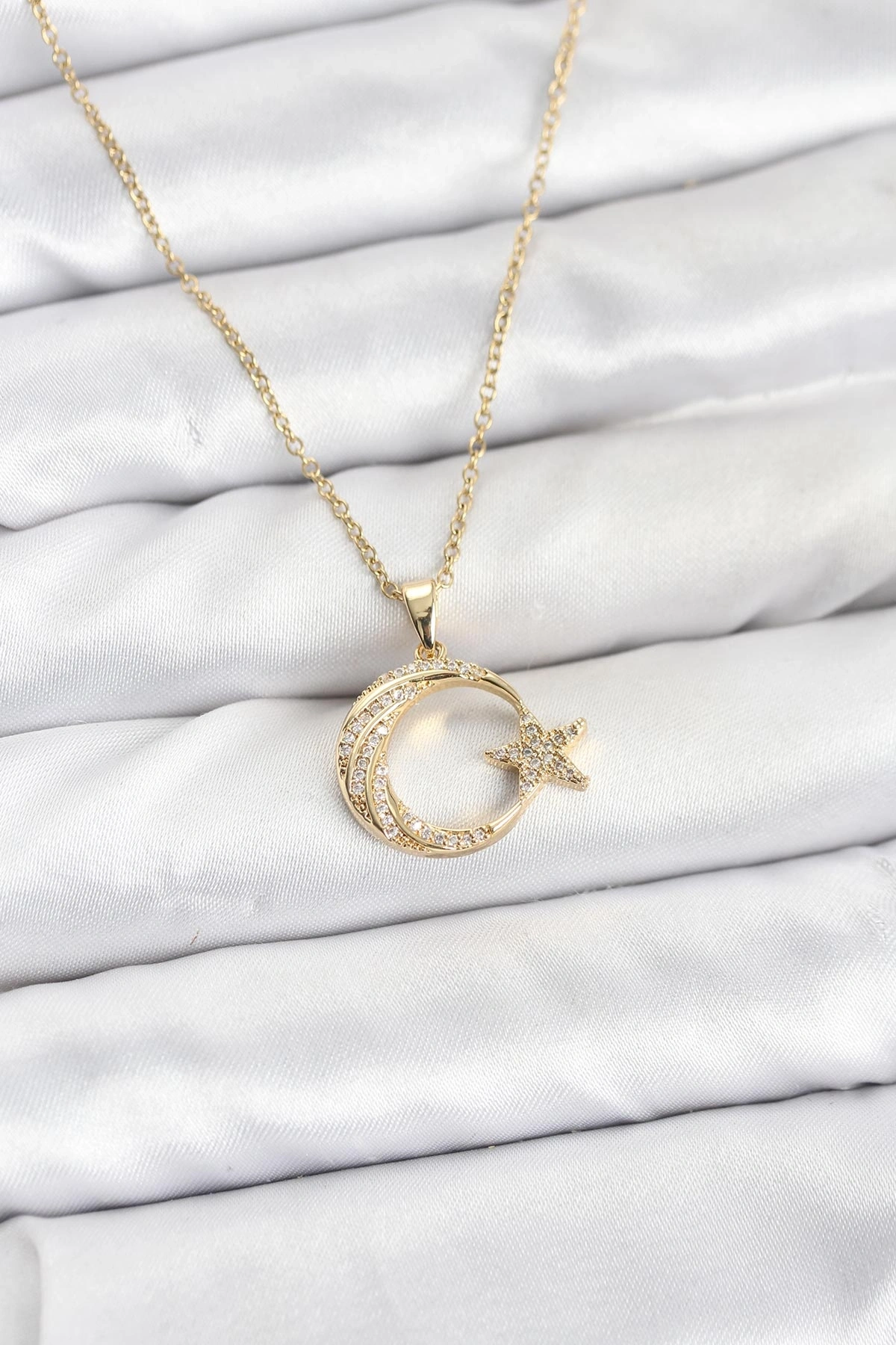 316L Çelik Zincir Gold Renk Ay Yıldız Model Zirkon Taşlı Kadın Kolye
