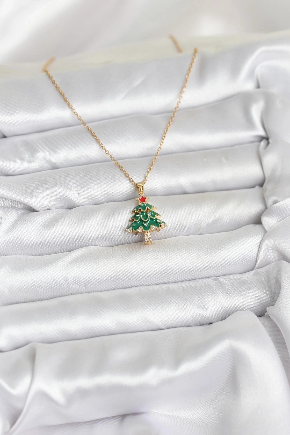 316L Çelik Zincir Gold Renk Çam Ağacı Model Yılbaşı Temalı Kadın Kolye