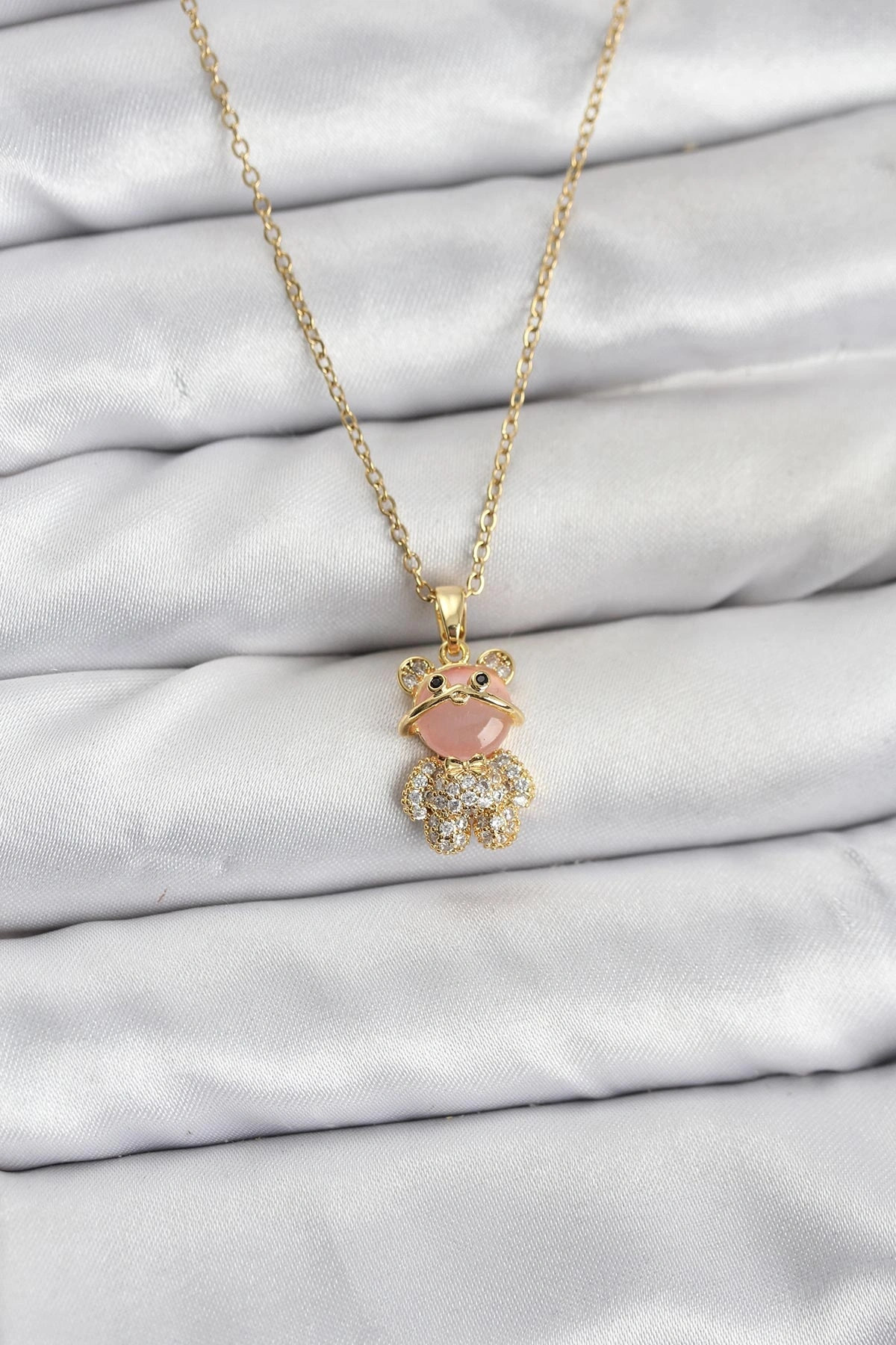 316L Çelik Zincir Gold Renk Teddy Bear Model Zirkon Taşlı Kadın Kolye
