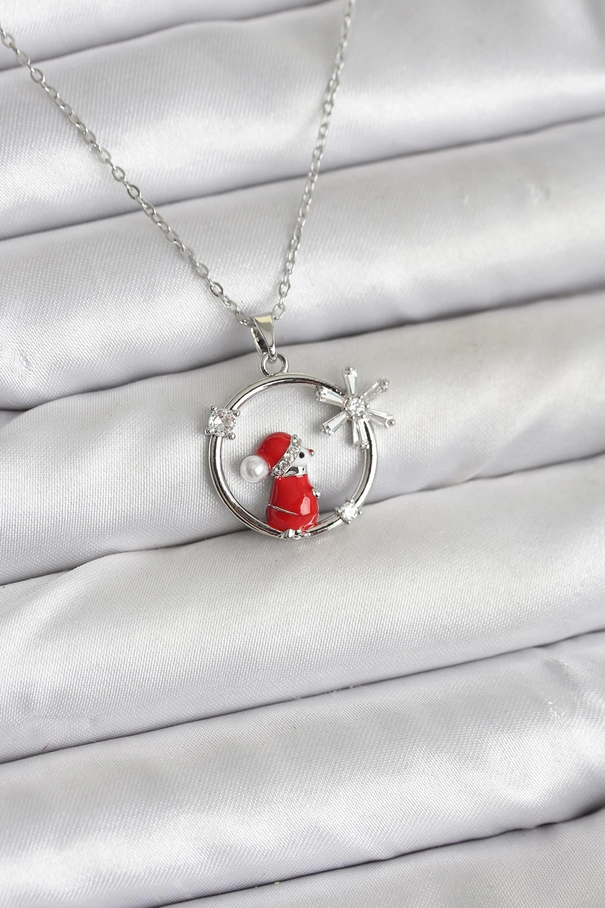 316L Çelik Zincir Gümüş Zirkon Taşlı Yılbaşı Tema Kadın Kolye