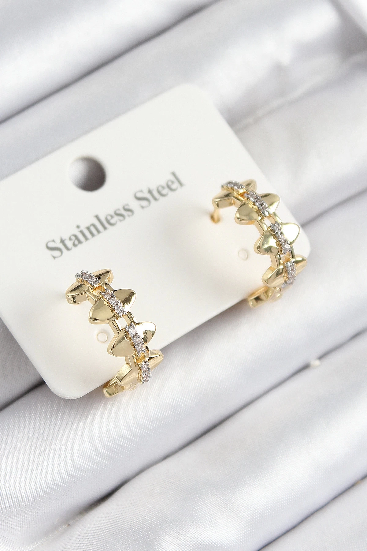 316L Çelik Zirkon Taşlı Çit Halka Model Gold Renk Kadın Küpe