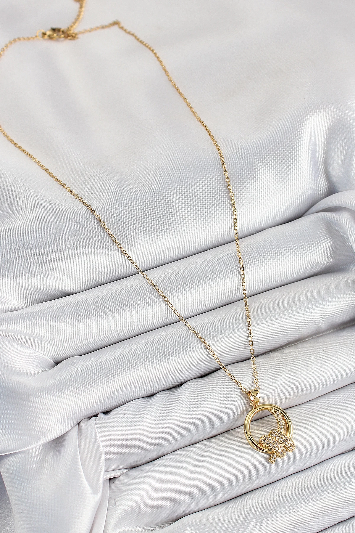 316L Çelik Zirkon Taşlı Düğüm Model Gold Renk Kadın Kolye