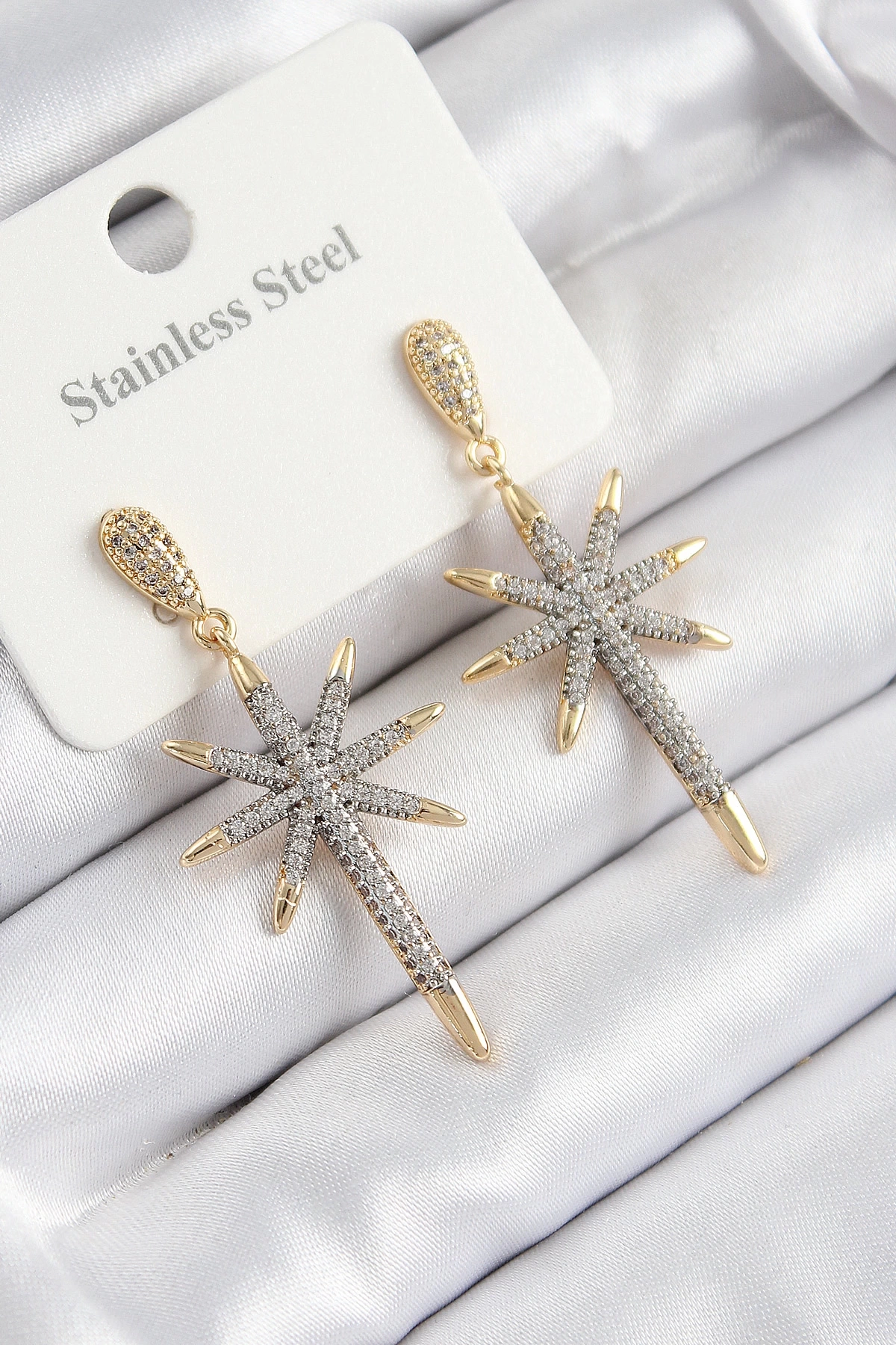 316L Çelik Zirkon Taşlı Pusula Yıldızı Model Gold Ve Gümüş Renk Kadın Küpe