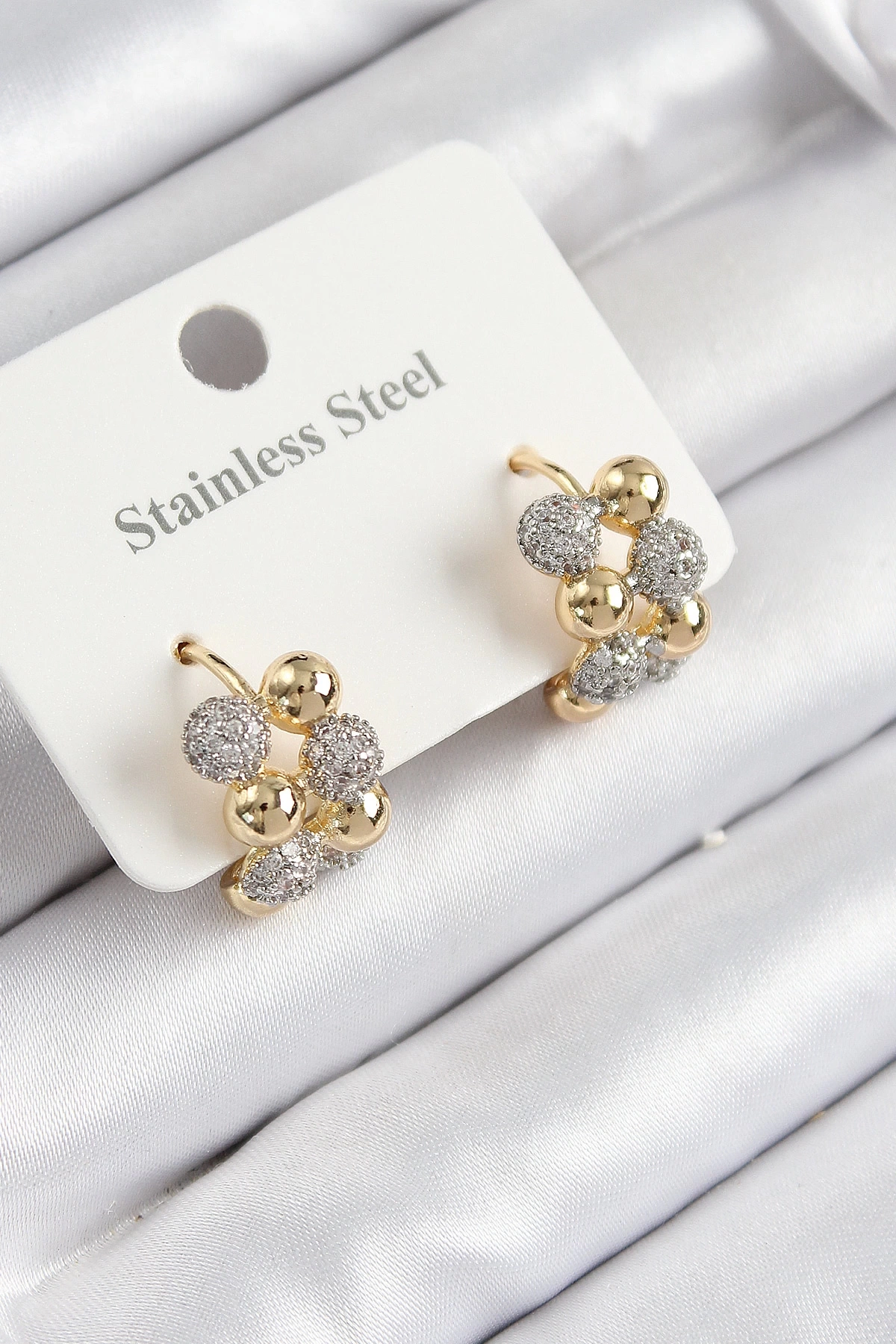 316L Çelik Zirkon Taşlı Topçuk Halka Model Gold Ve Gümüş Renk Kadın Küpe