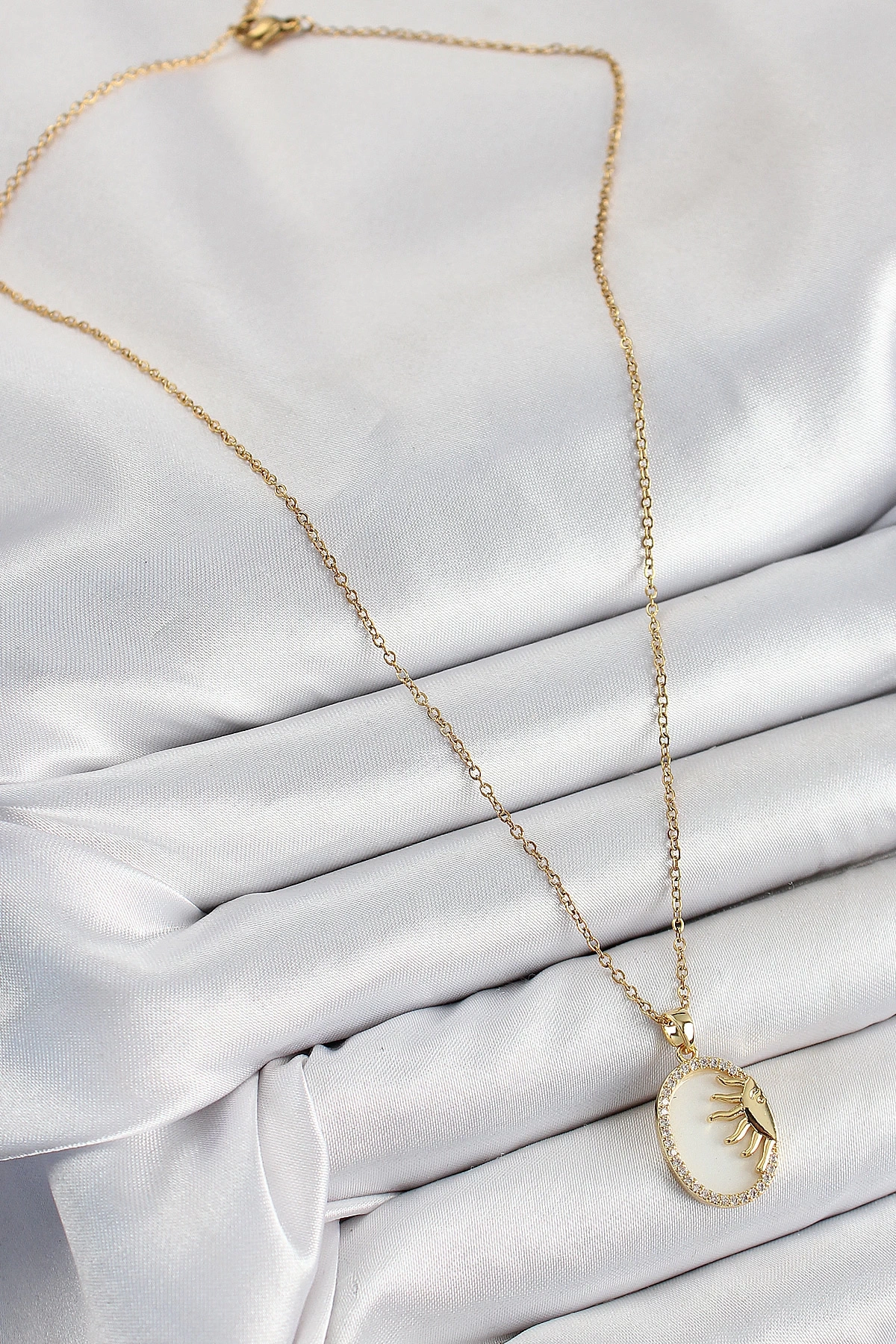 316L Çelik Zirkon Taşlı Yarım Güneş Model Gold Renk Kadın Kolye