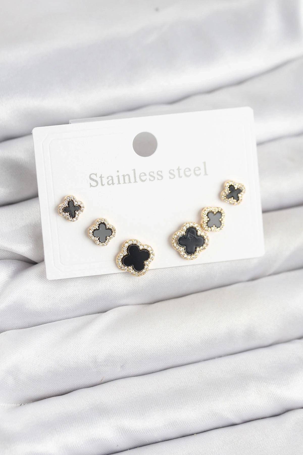 316L Çelik Zirkon Taşlı Yonca Model Kadın Küpe Seti