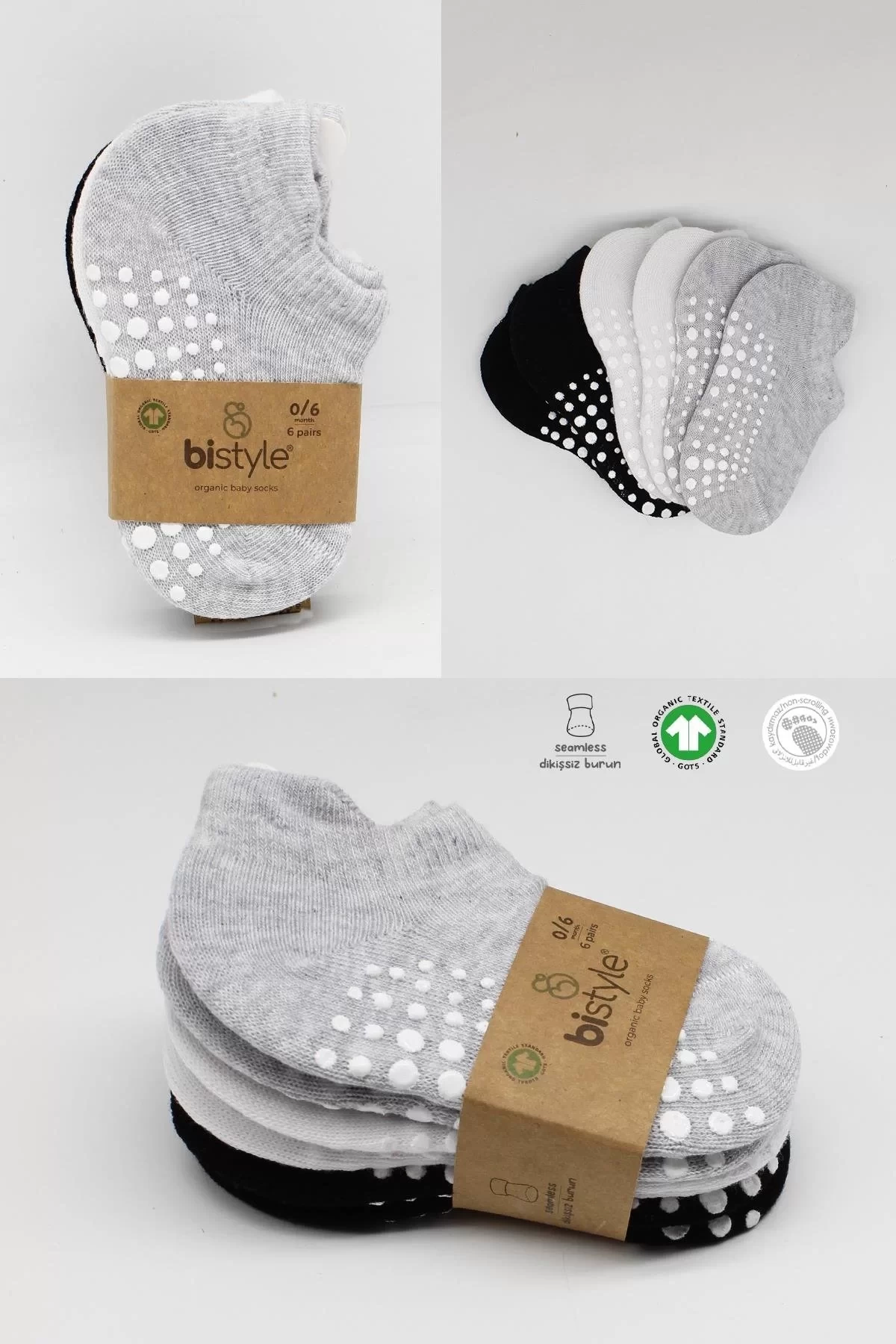 6lı Sneakers Kaymaz Penye Çorap Bs20102 Gri Beyaz Siyah