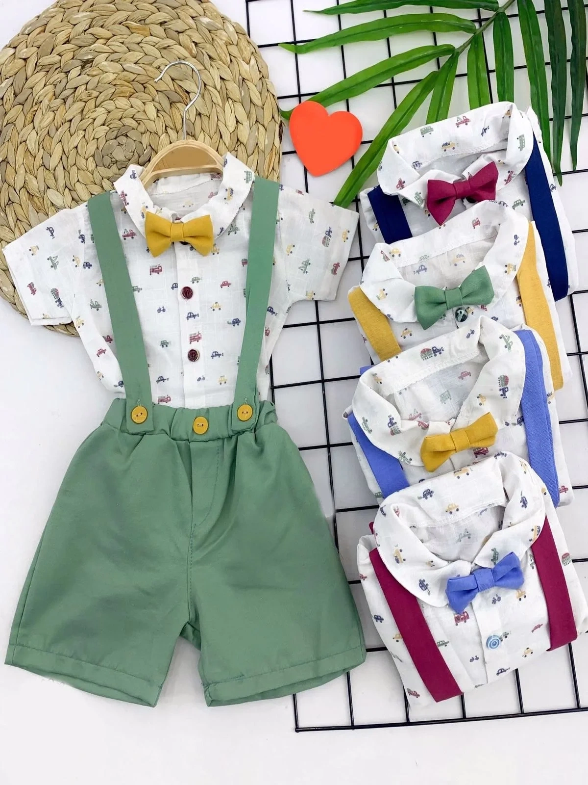 9-12-18-24 Ay Pamuk Keten Cepli Çizgili 2li Erkek Bebek Salopet Takımı Sarı