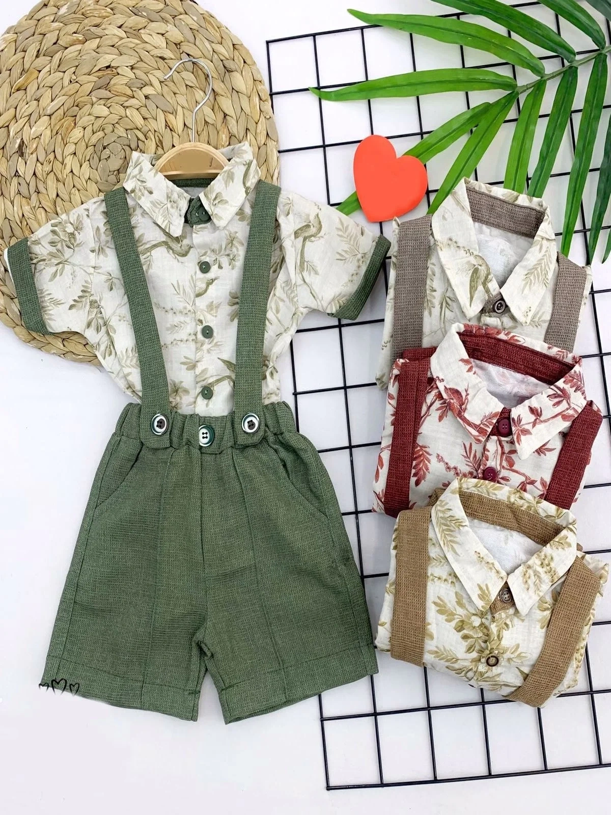 9-12-18-24 Ay Pamuklu Kumaş Keten Kısa Kol Gömlek 2li Erkek Bebek Salopet Takımı Kahverengi