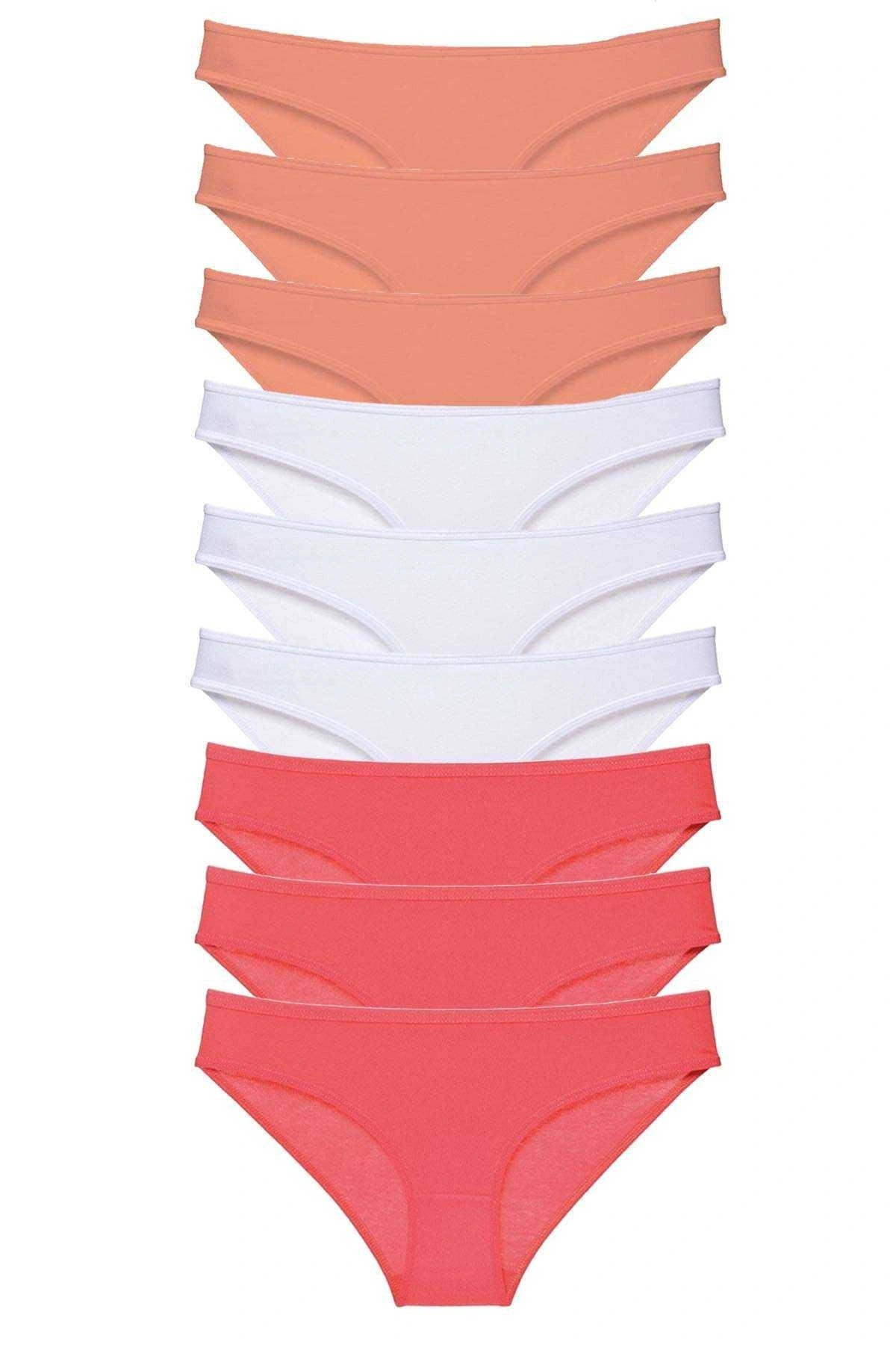 9 Adet Süper Eko Set Likralı Kadın Slip Külot Pudra Beyaz Fuşya