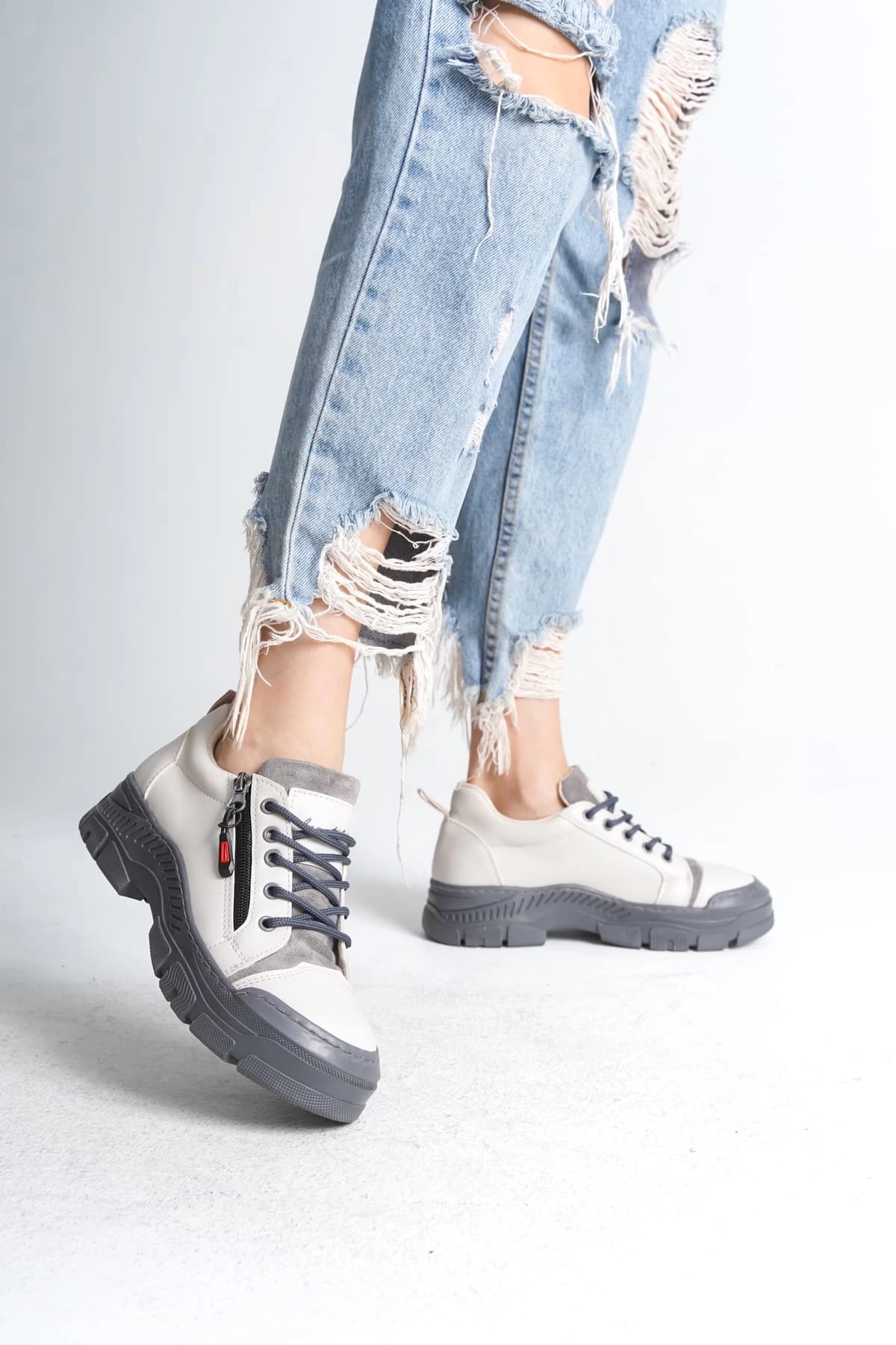 AGATHA Bağcıklı Fermuarlı Ortopedik Taban Kadın Sneaker Spor Ayakkabı GT - Krem