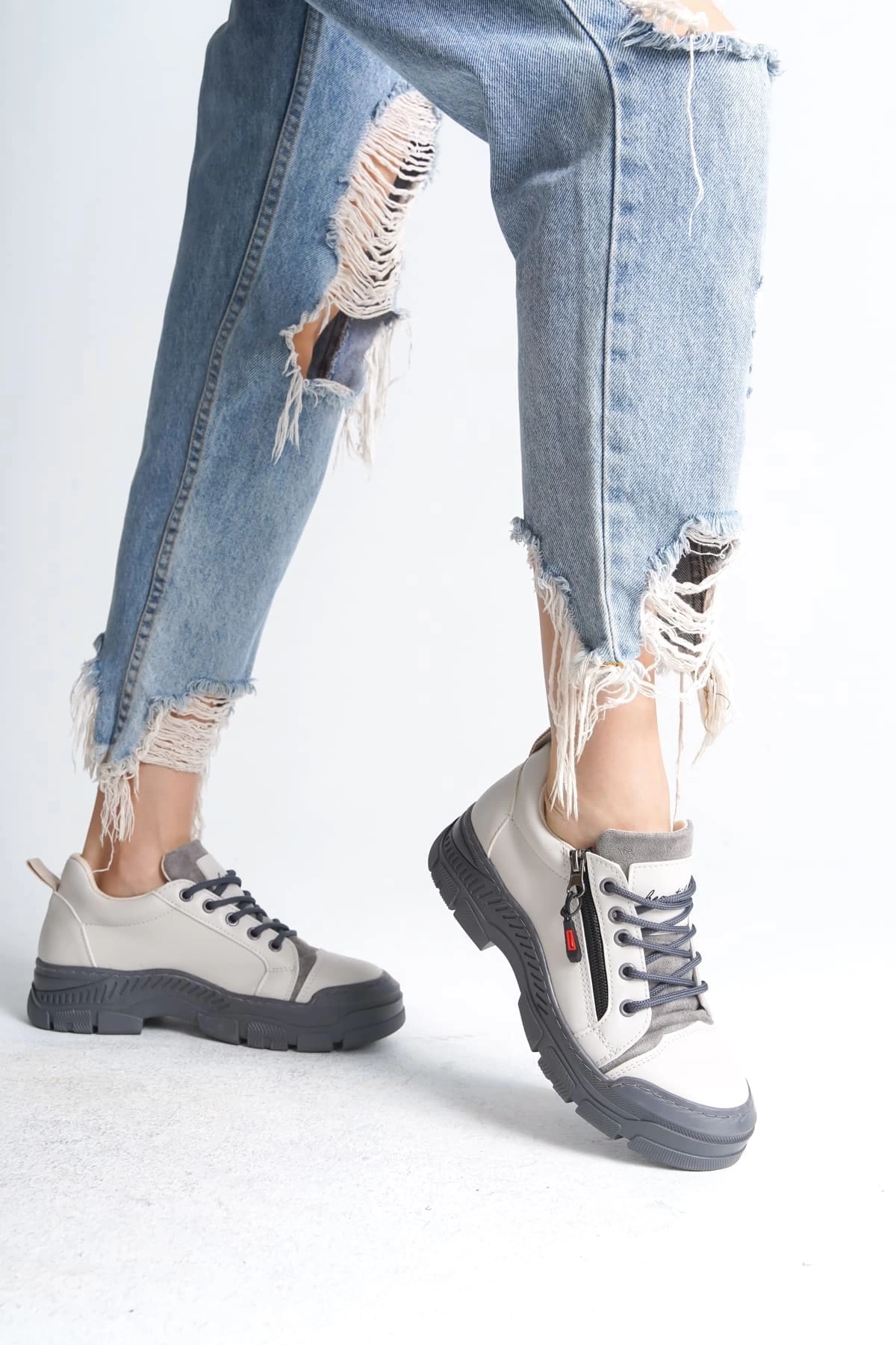 AGATHA Bağcıklı Fermuarlı Ortopedik Taban Kadın Sneaker Spor Ayakkabı GT - Krem