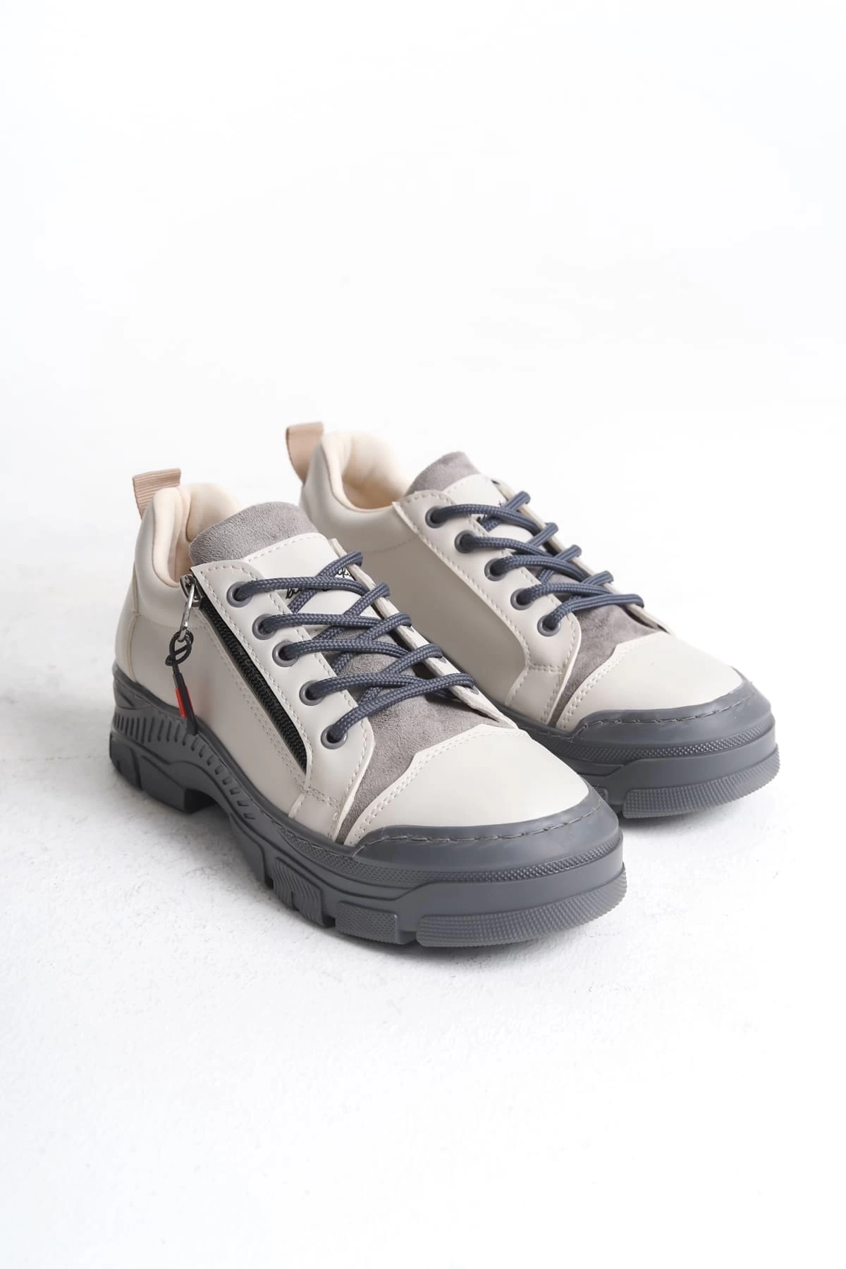 AGATHA Bağcıklı Fermuarlı Ortopedik Taban Kadın Sneaker Spor Ayakkabı GT - Krem
