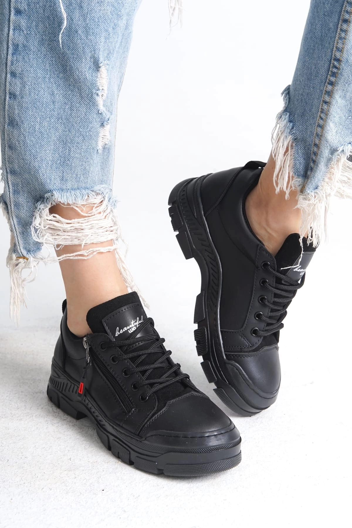 AGATHA Bağcıklı Fermuarlı Ortopedik Taban Kadın Sneaker Spor Ayakkabı ST - Siyah
