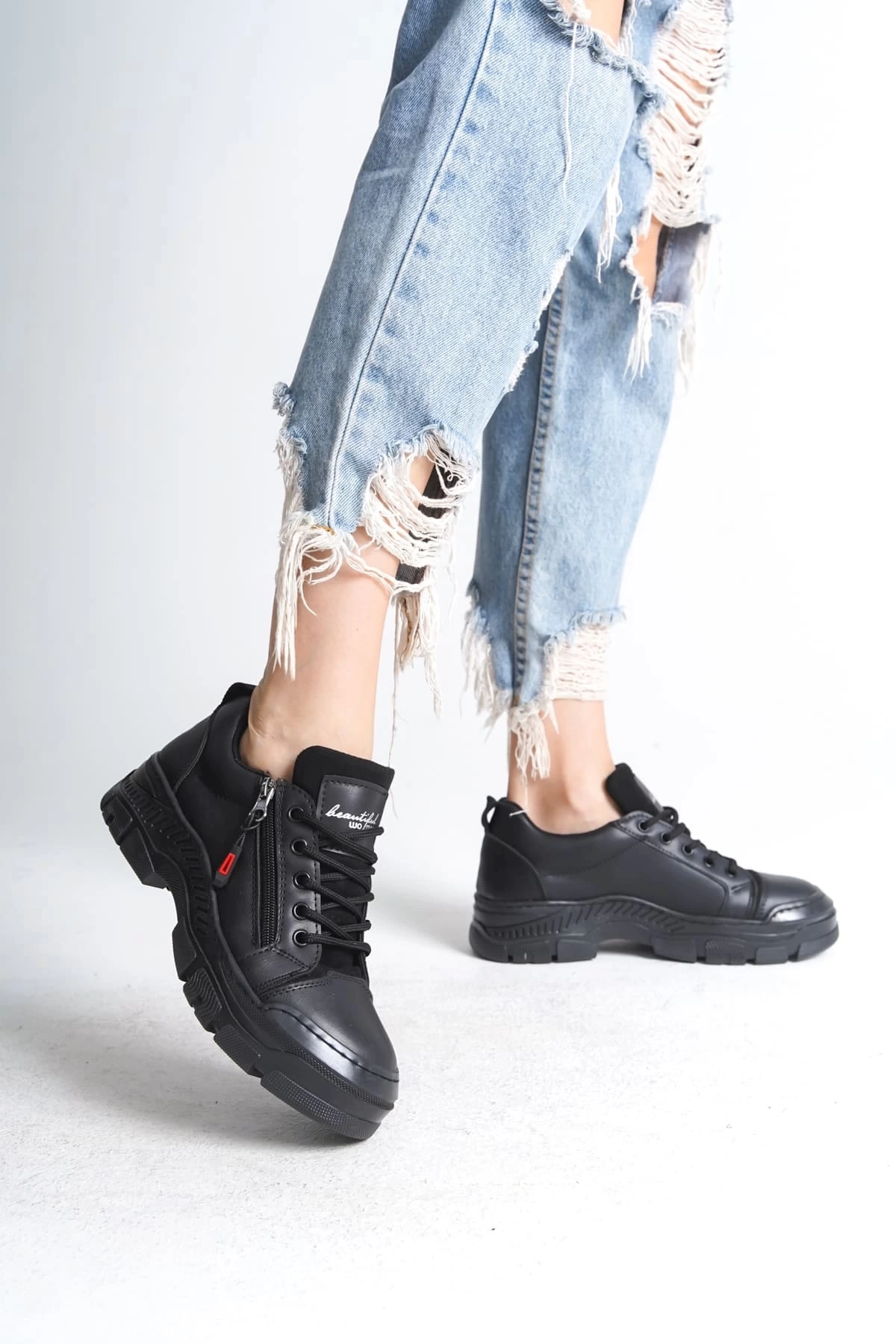 AGATHA Bağcıklı Fermuarlı Ortopedik Taban Kadın Sneaker Spor Ayakkabı ST - Siyah