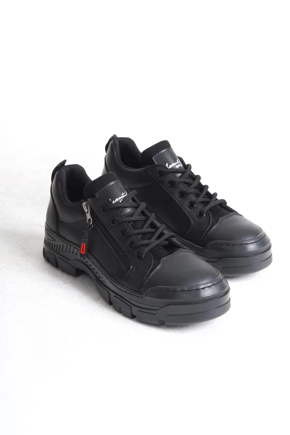AGATHA Bağcıklı Fermuarlı Ortopedik Taban Kadın Sneaker Spor Ayakkabı ST - Siyah