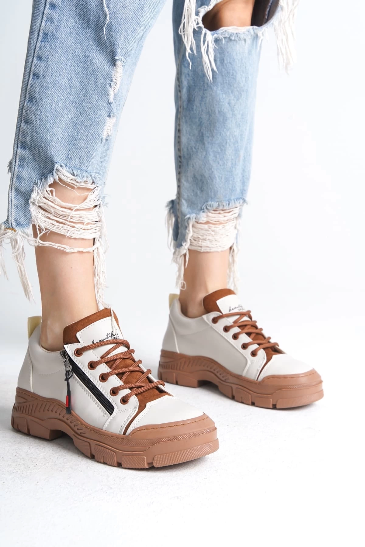 AGATHA Bağcıklı Fermuarlı Ortopedik Taban Kadın Sneaker Spor Ayakkabı  TT - Krem