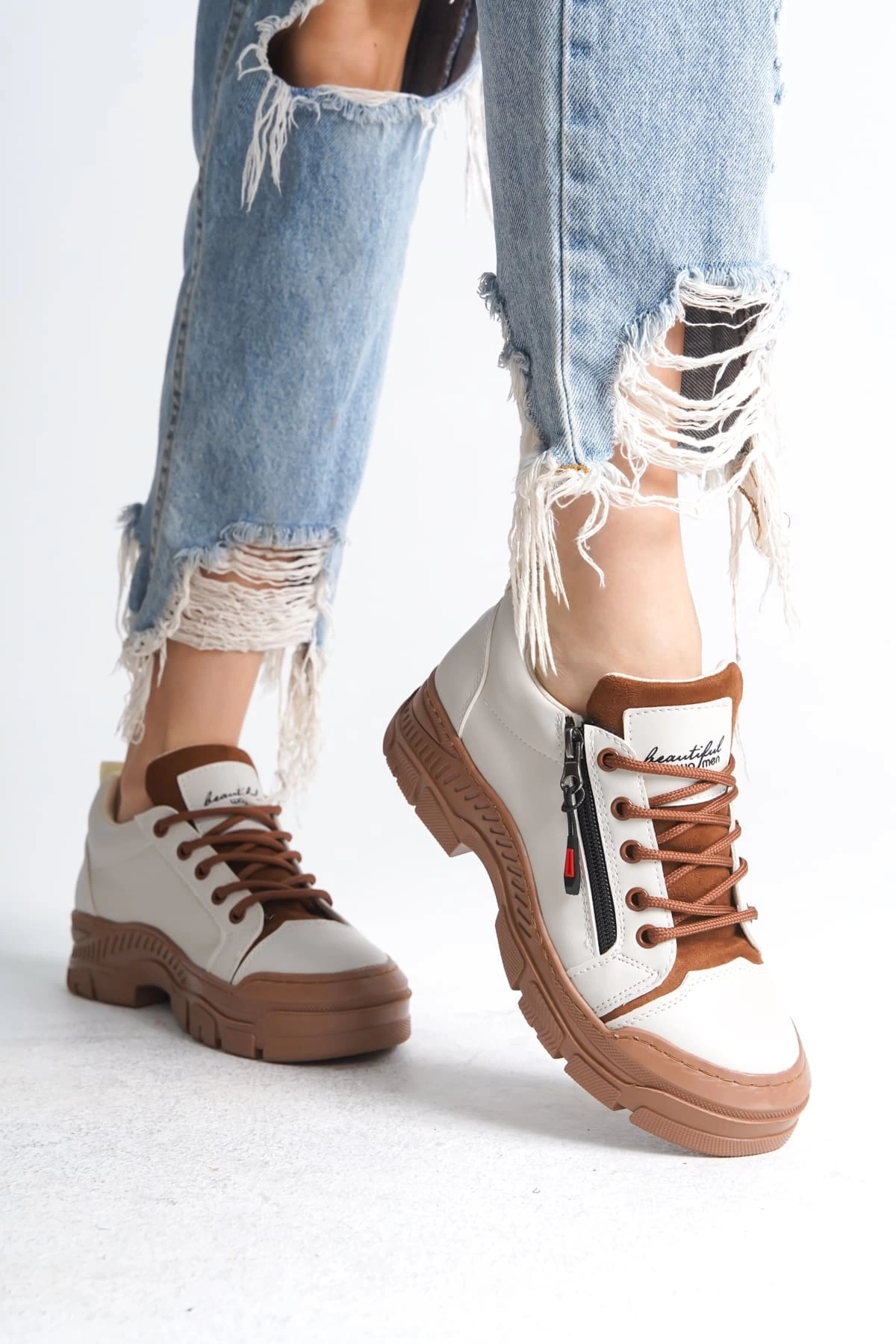 AGATHA Bağcıklı Fermuarlı Ortopedik Taban Kadın Sneaker Spor Ayakkabı  TT - Krem