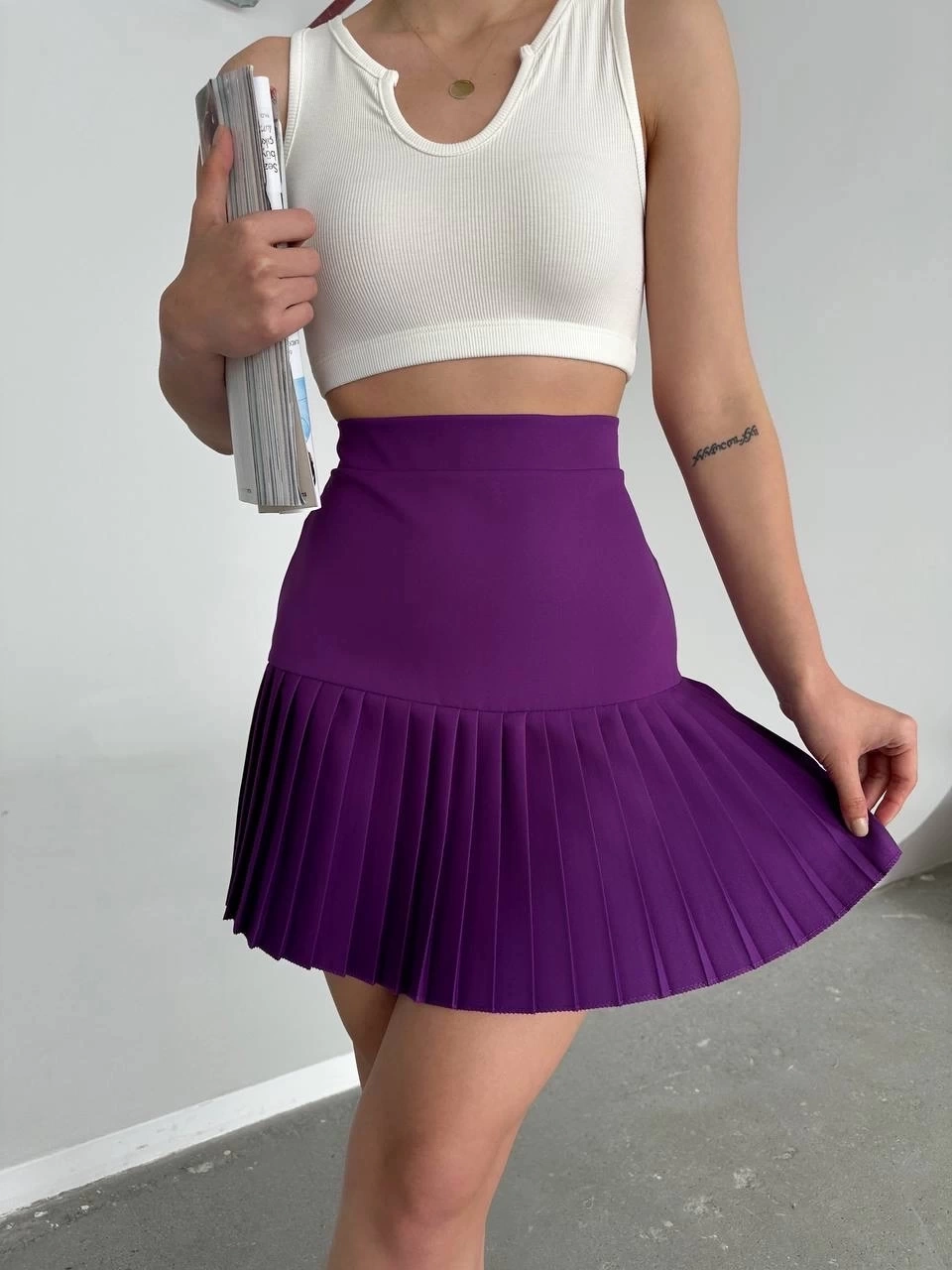 Altı pliseli mini etek Mor s24705