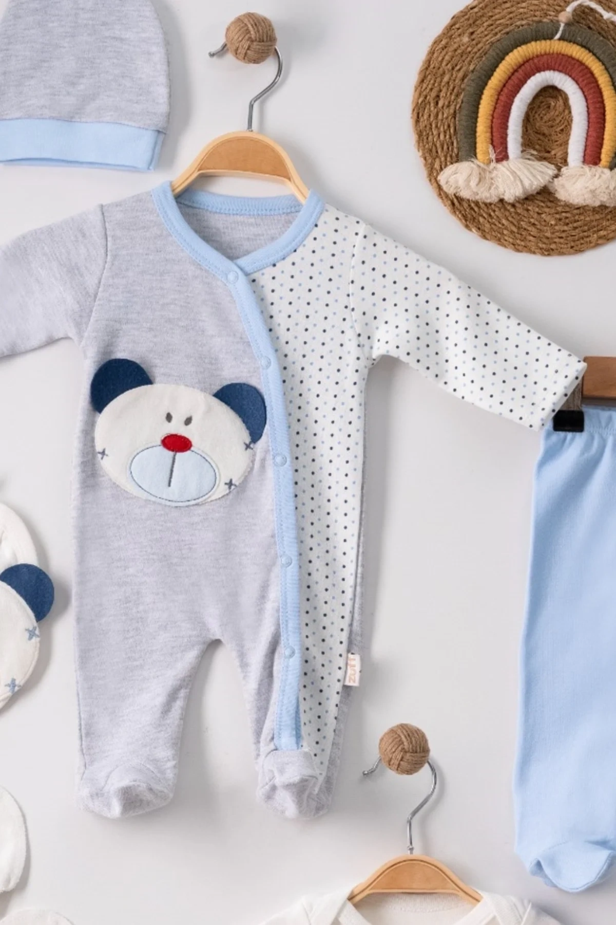 Ayıcık Nakışlı Tulumlu % 100 Pamuk Erkek Bebek 5li Set