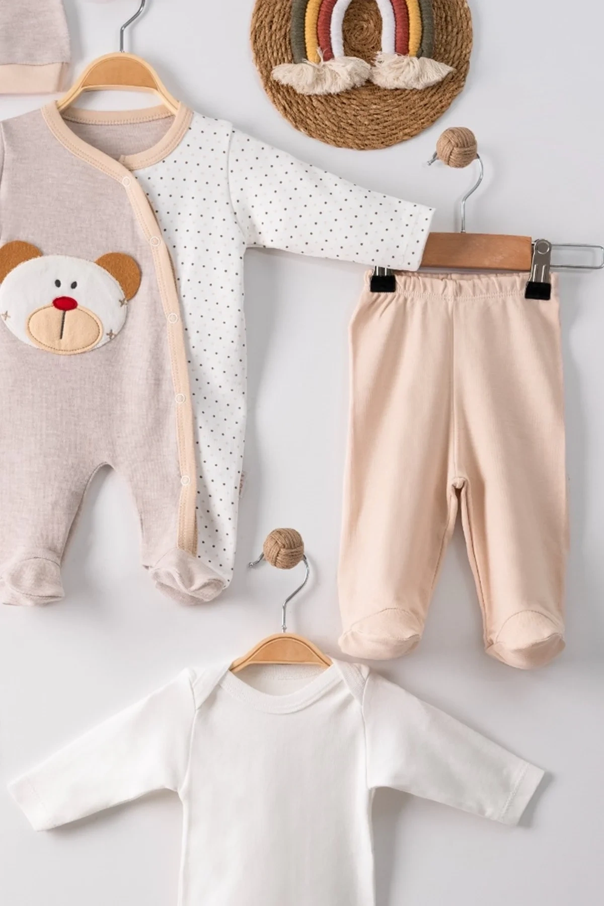 Ayıcık Nakışlı Tulumlu % 100 Pamuk Erkek Bebek 5li Set