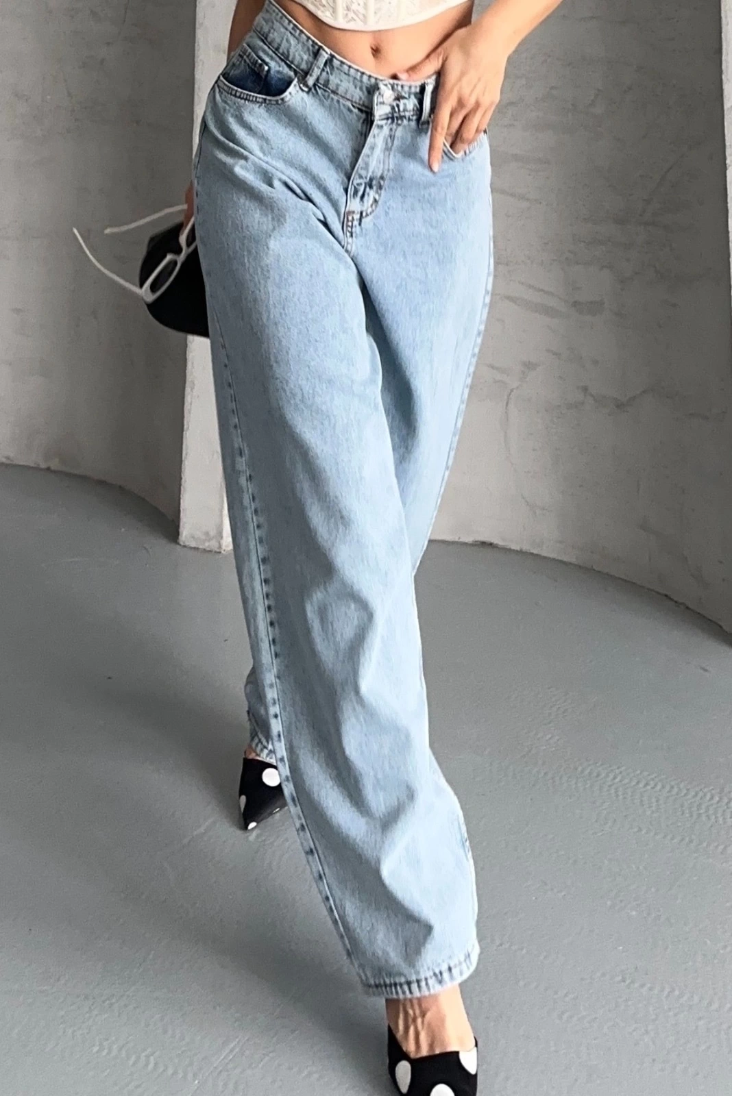 Baggy kar yıkama buz mavi jeans pantolon