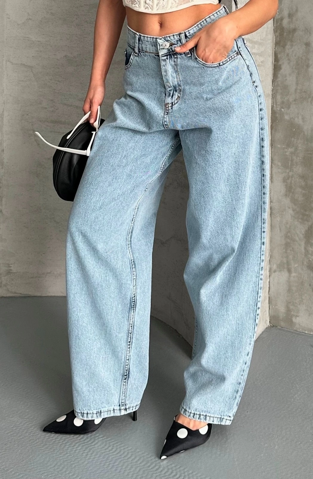 Baggy kar yıkama buz mavi jeans pantolon