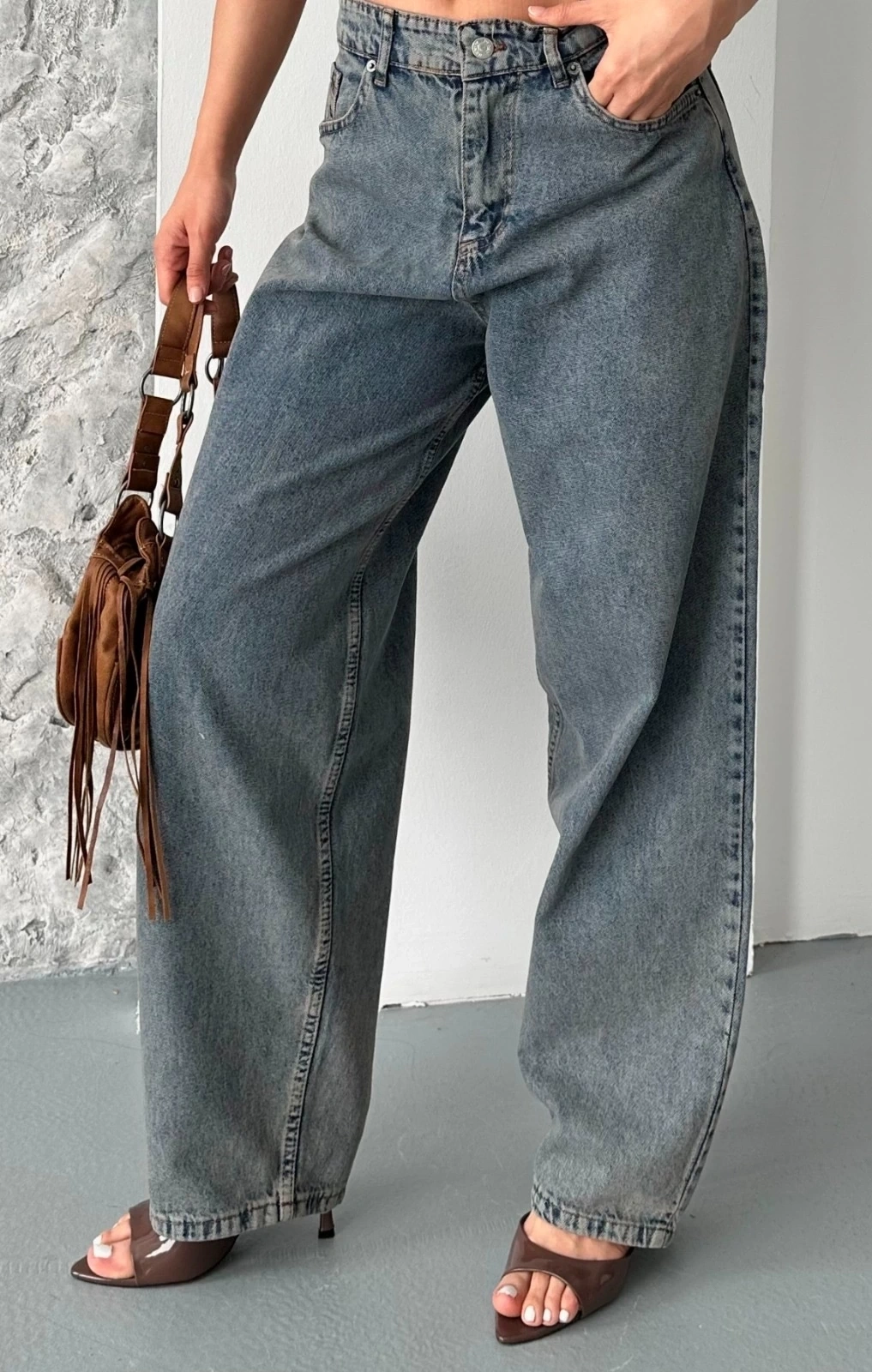 Baggy kar yıkama eskitme kahve jeans pantolon