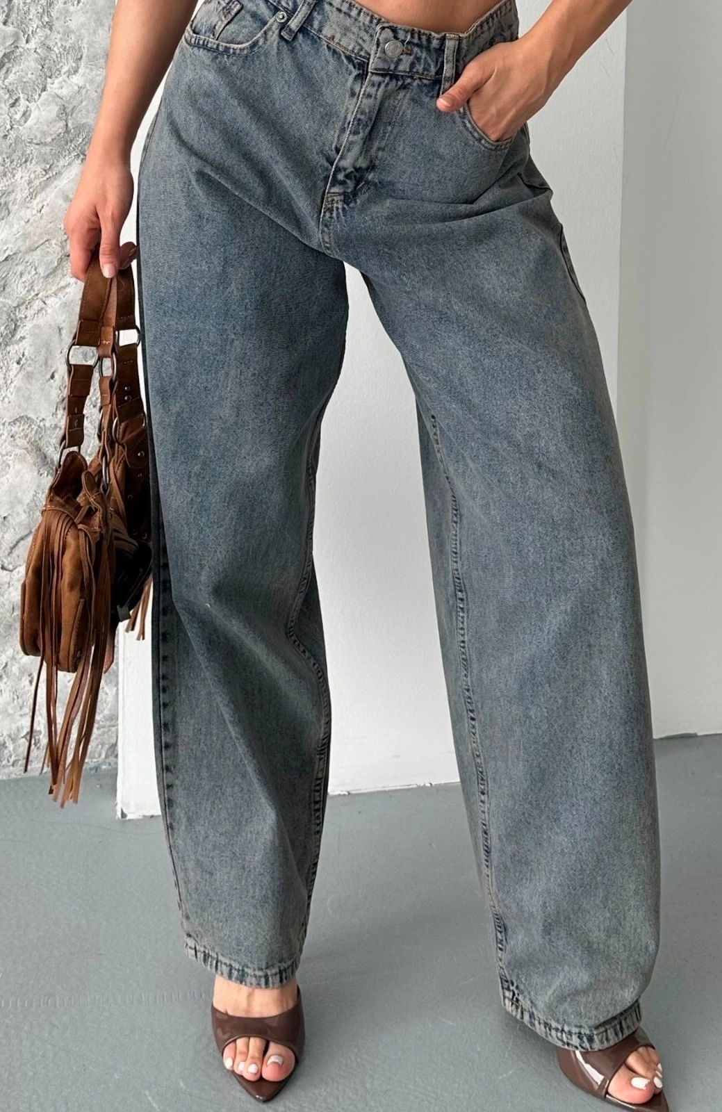 Baggy kar yıkama eskitme kahve jeans pantolon