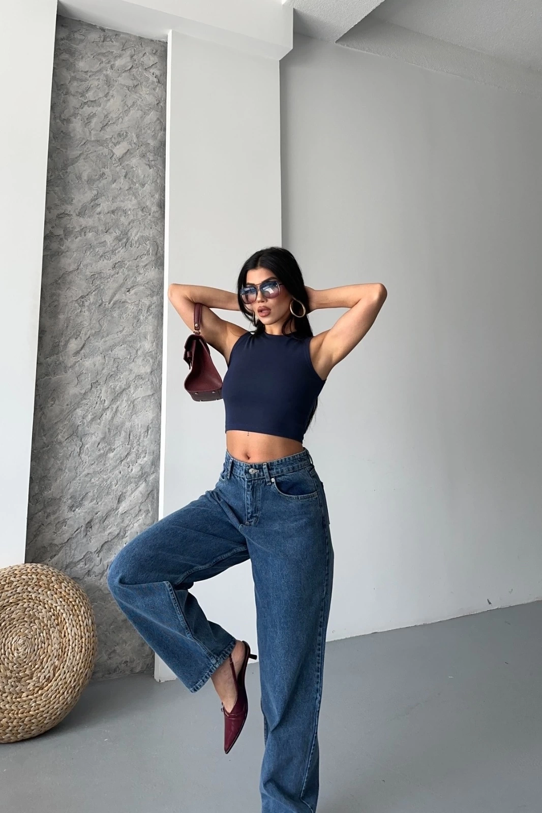 Baggy kar yıkama jeans pantolon koyu mavi