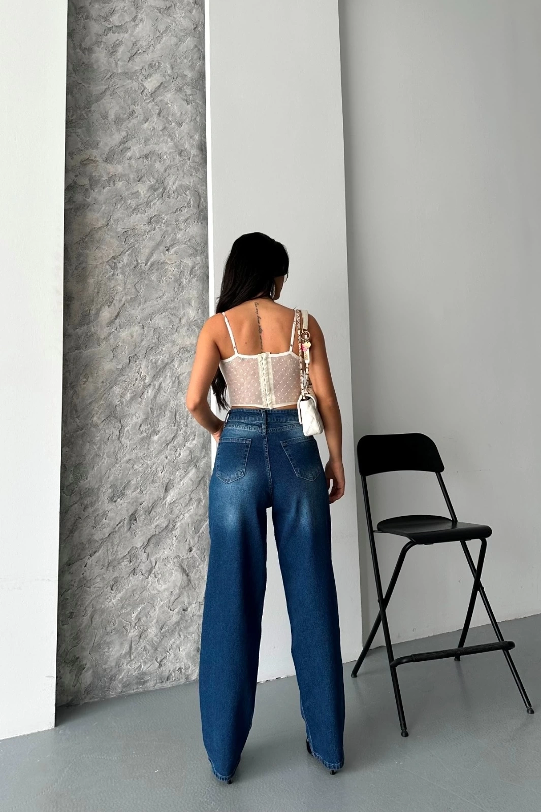 Baggy süper taş bıyık yıkama koyu mavi jeans pantolon